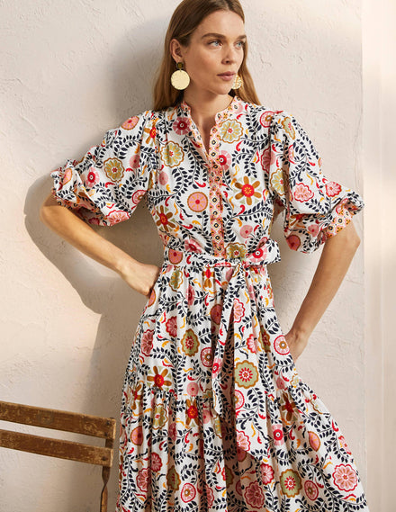 Ava Maxikleid mit Stufen-Naturweiß, Üppiger Garten