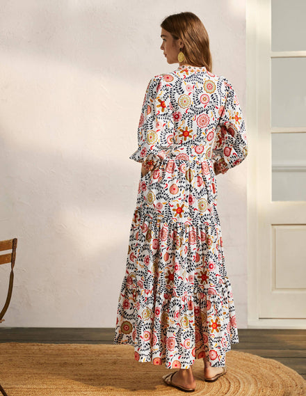 Ava Maxikleid mit Stufen-Naturweiß, Üppiger Garten