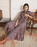 Robe longue boutonnée-Motif géométrique bleu marine