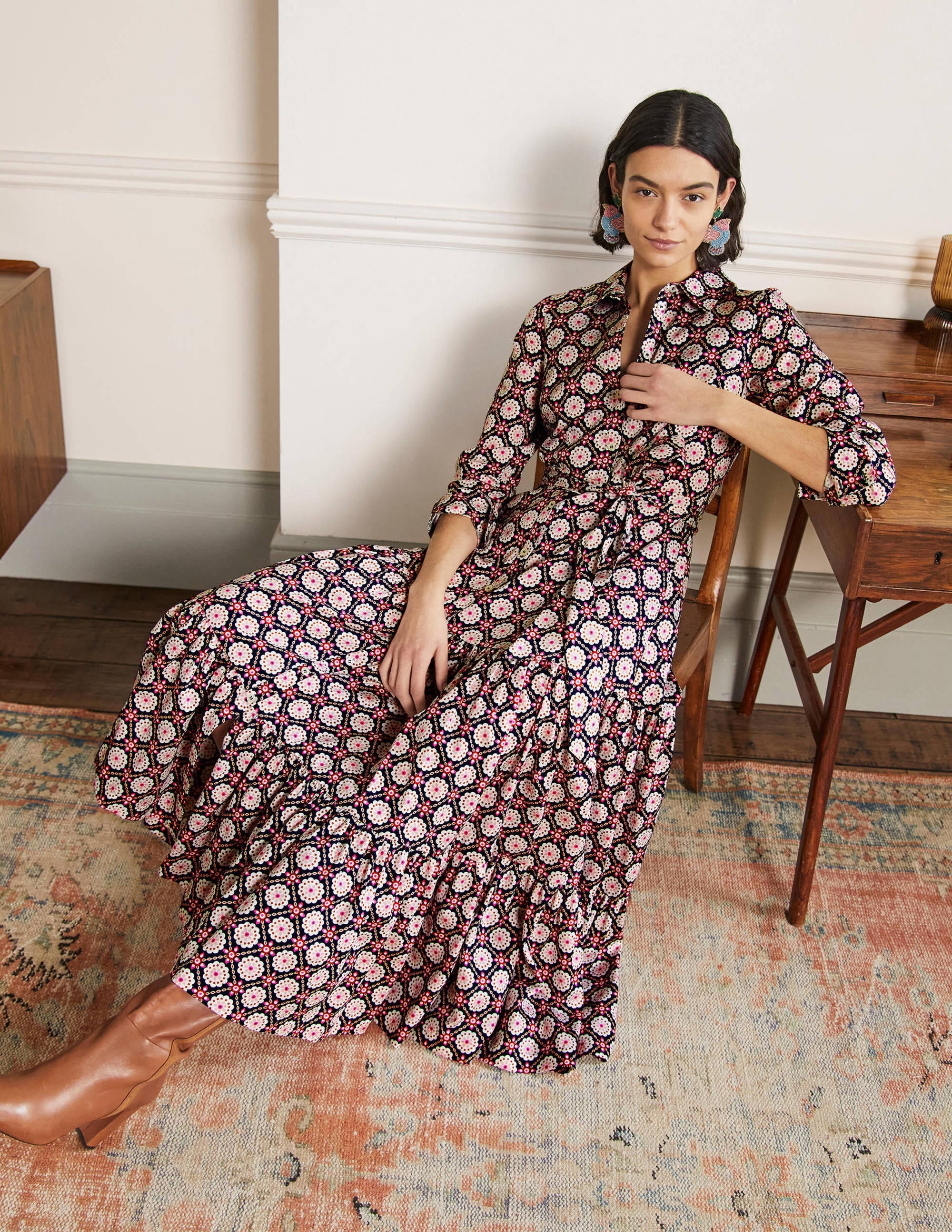 Robe longue boutonnée-Motif géométrique bleu marine - Image 1