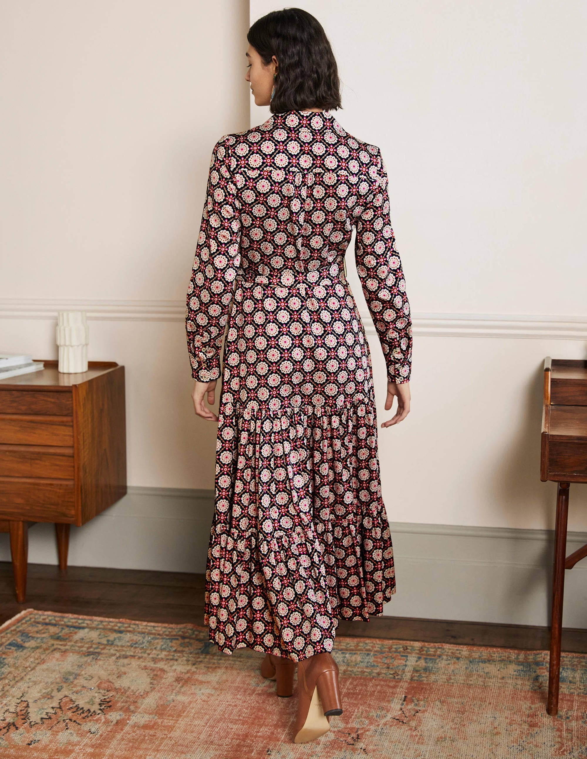 Robe longue boutonnée-Motif géométrique bleu marine - Image 3