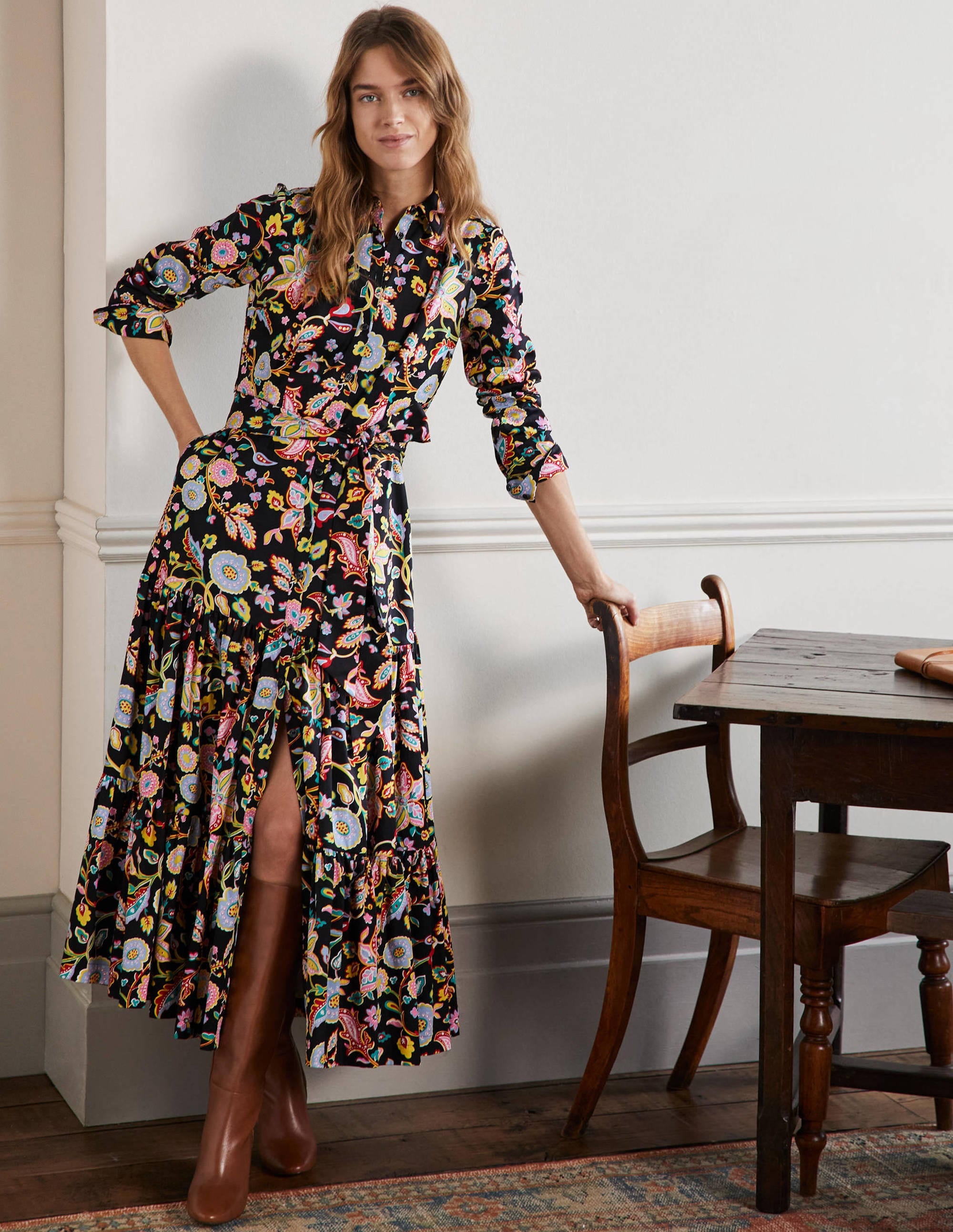 Button Through Maxi Dress-Black, Opulent Paradise - Image 1