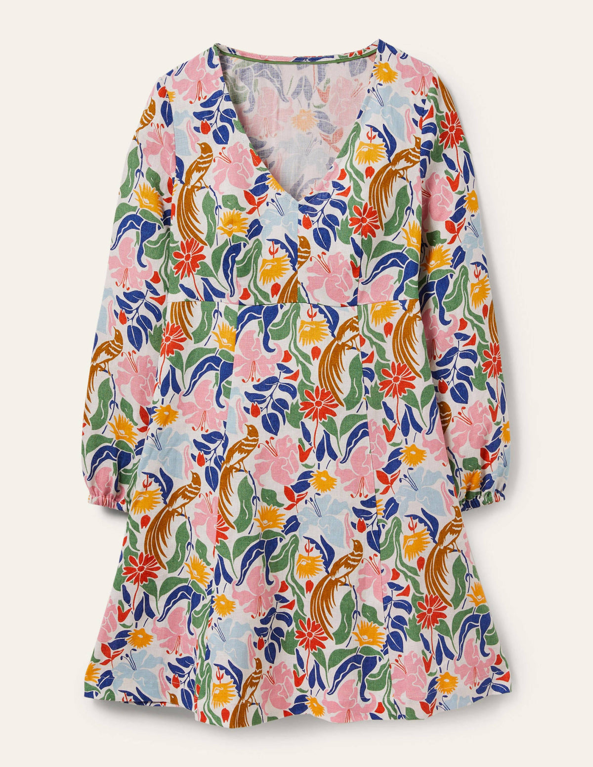 V-Neck Flippy Mini Dress-Ivory, Oriental Bird - Image 5