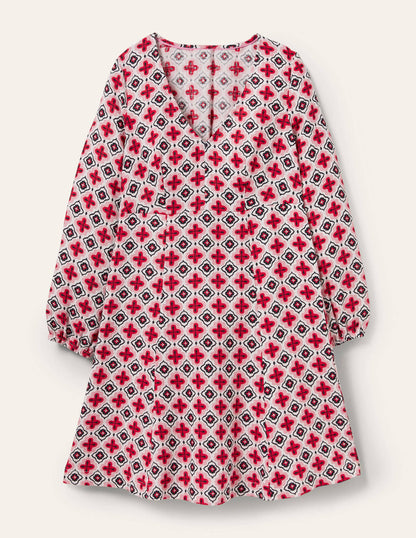 Ausgestelltes Minikleid mit V-Ausschnitt-Kirschblütenrosa, Marokkanisches Diamantenmuster-5