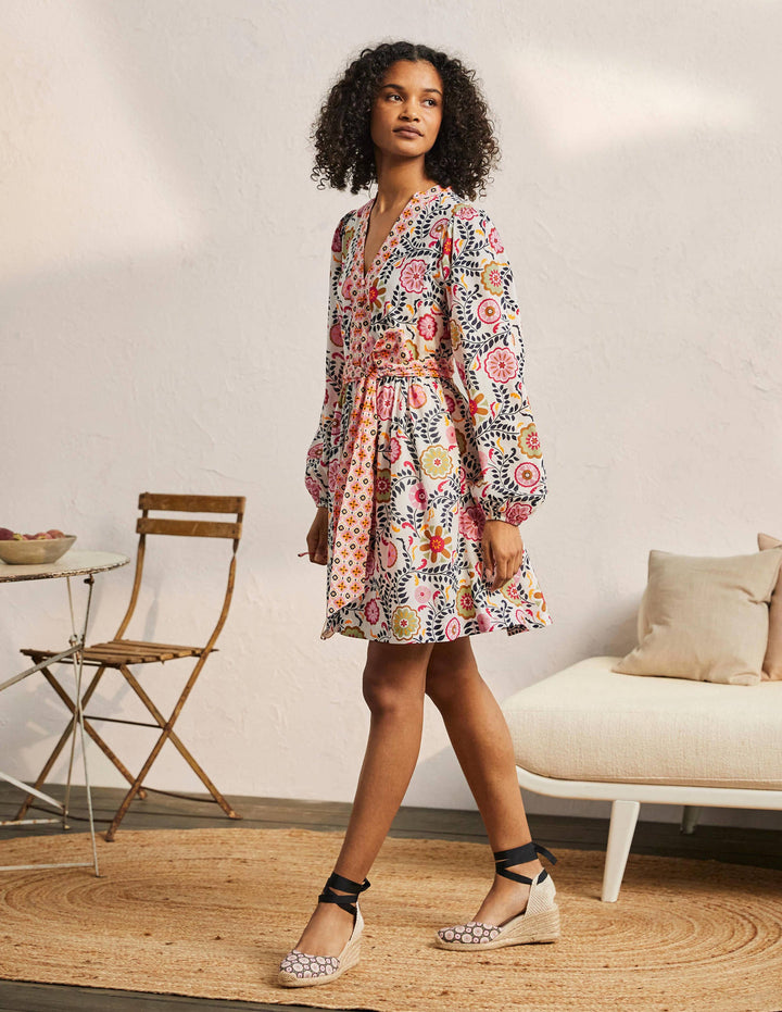 Notch Neck Cotton Dress-Ivory, Opulent Garden