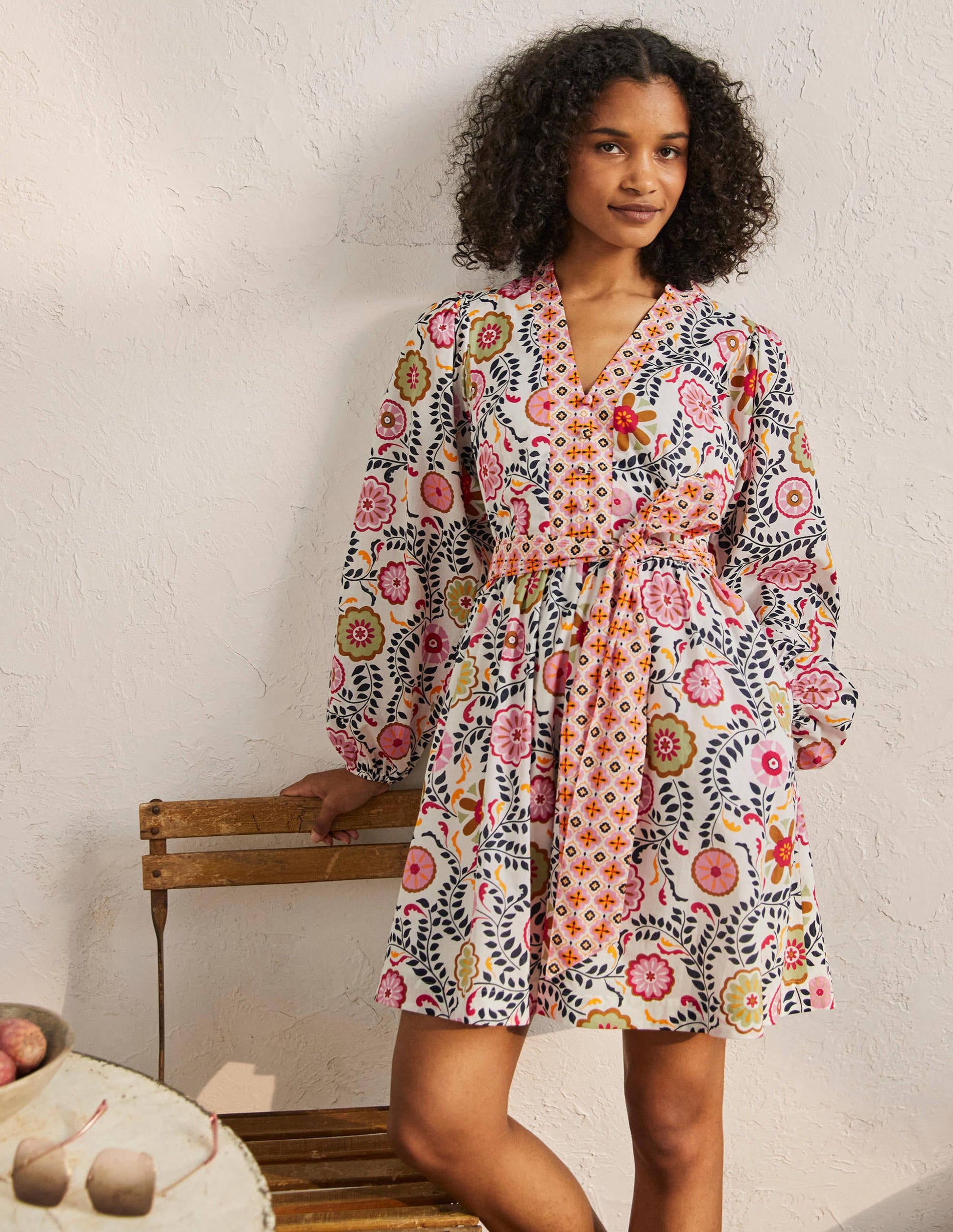 Notch Neck Cotton Dress-Ivory, Opulent Garden-4