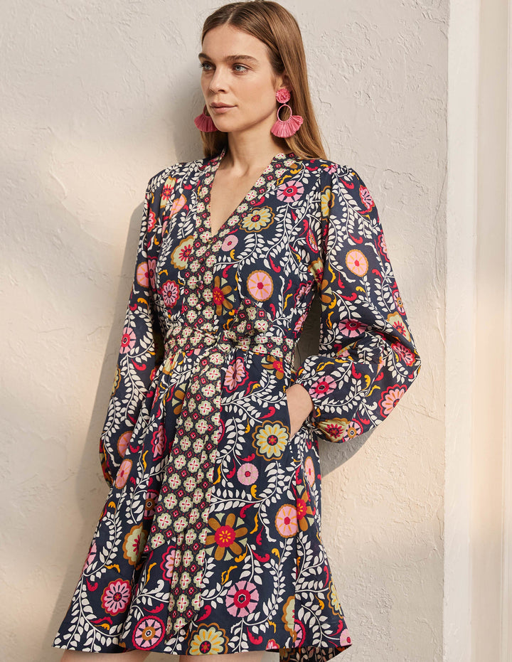 Notch Neck Cotton Dress-French Navy, Opulent Garden