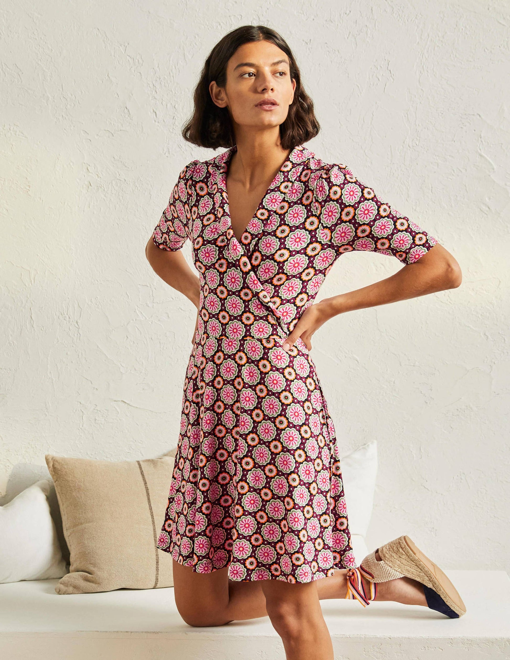 Fixed Wrap Jersey Dress-Black, Opulent Daisy-1
