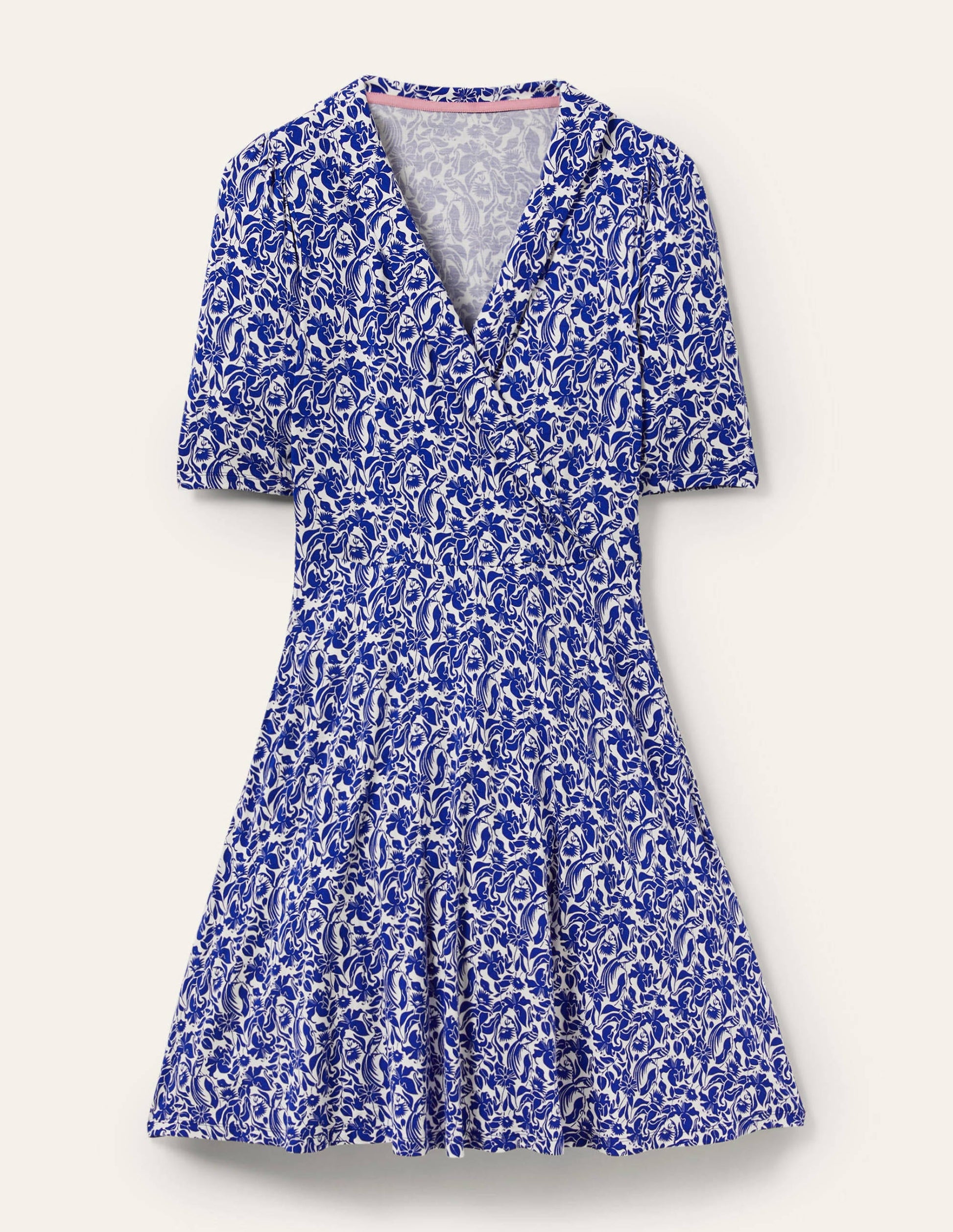Jerseykleid mit fixierter Wickeloptik-Wellenblau, Orientalischer Vogel-5