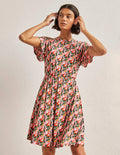 Flutter Sleeve Jersey Dress-Ivory, Abstract Bloom