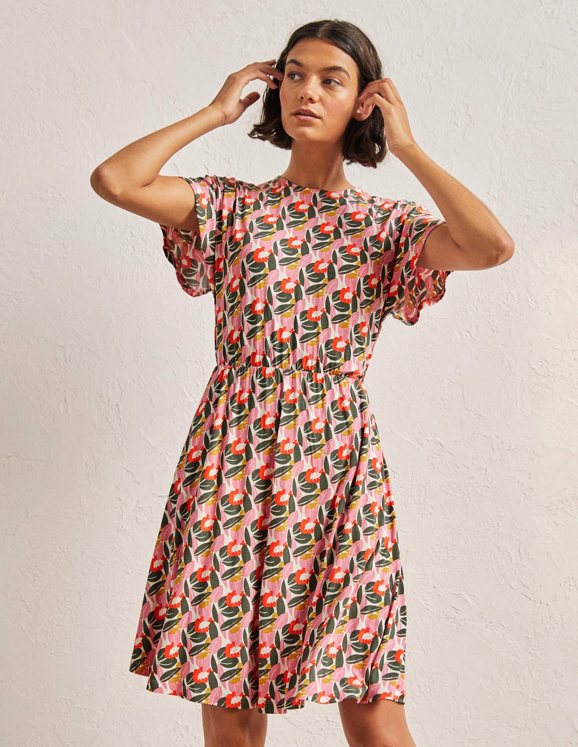 Flutter Sleeve Jersey Dress-Ivory, Abstract Bloom-1
