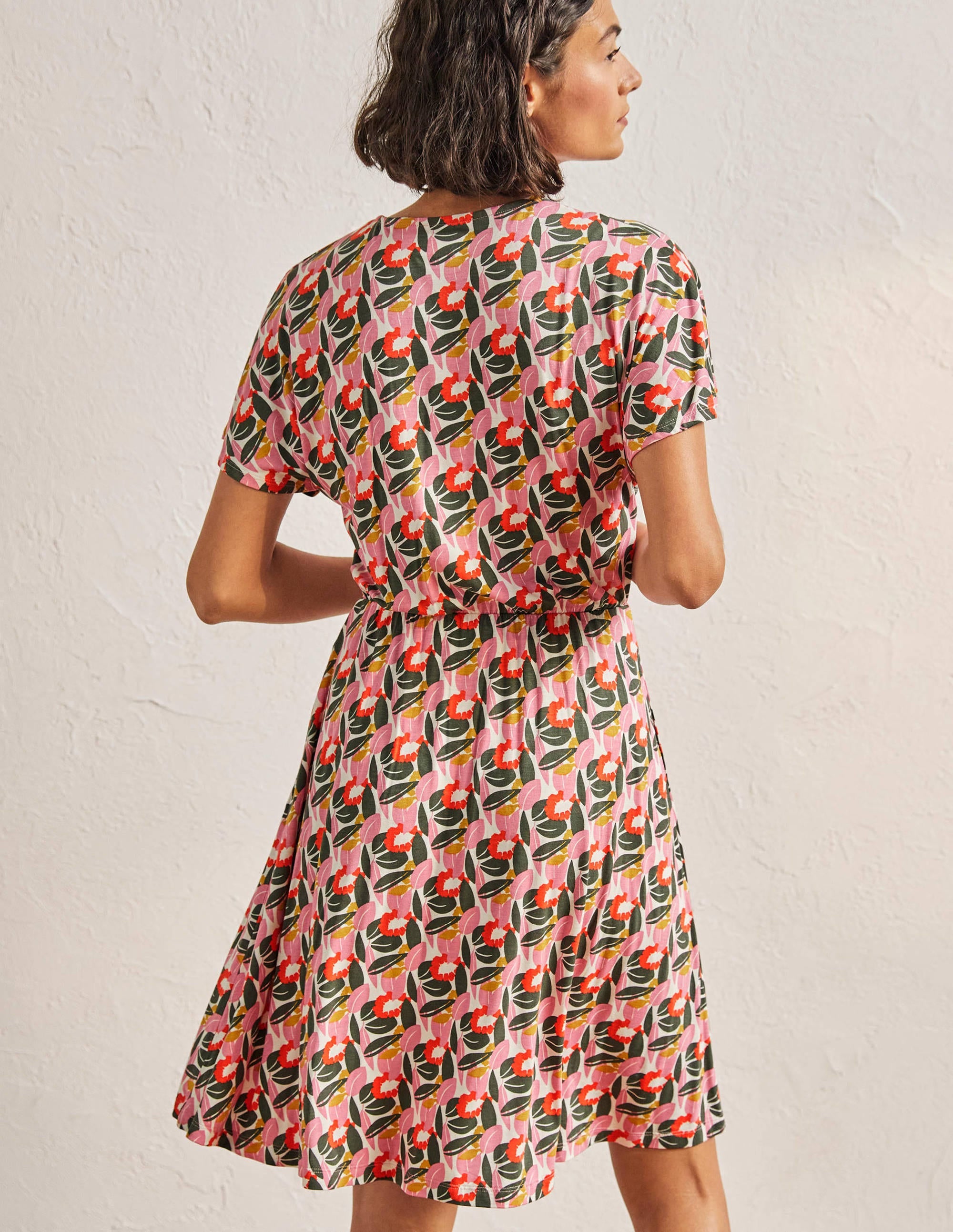 Flutter Sleeve Jersey Dress-Ivory, Abstract Bloom - Image 3