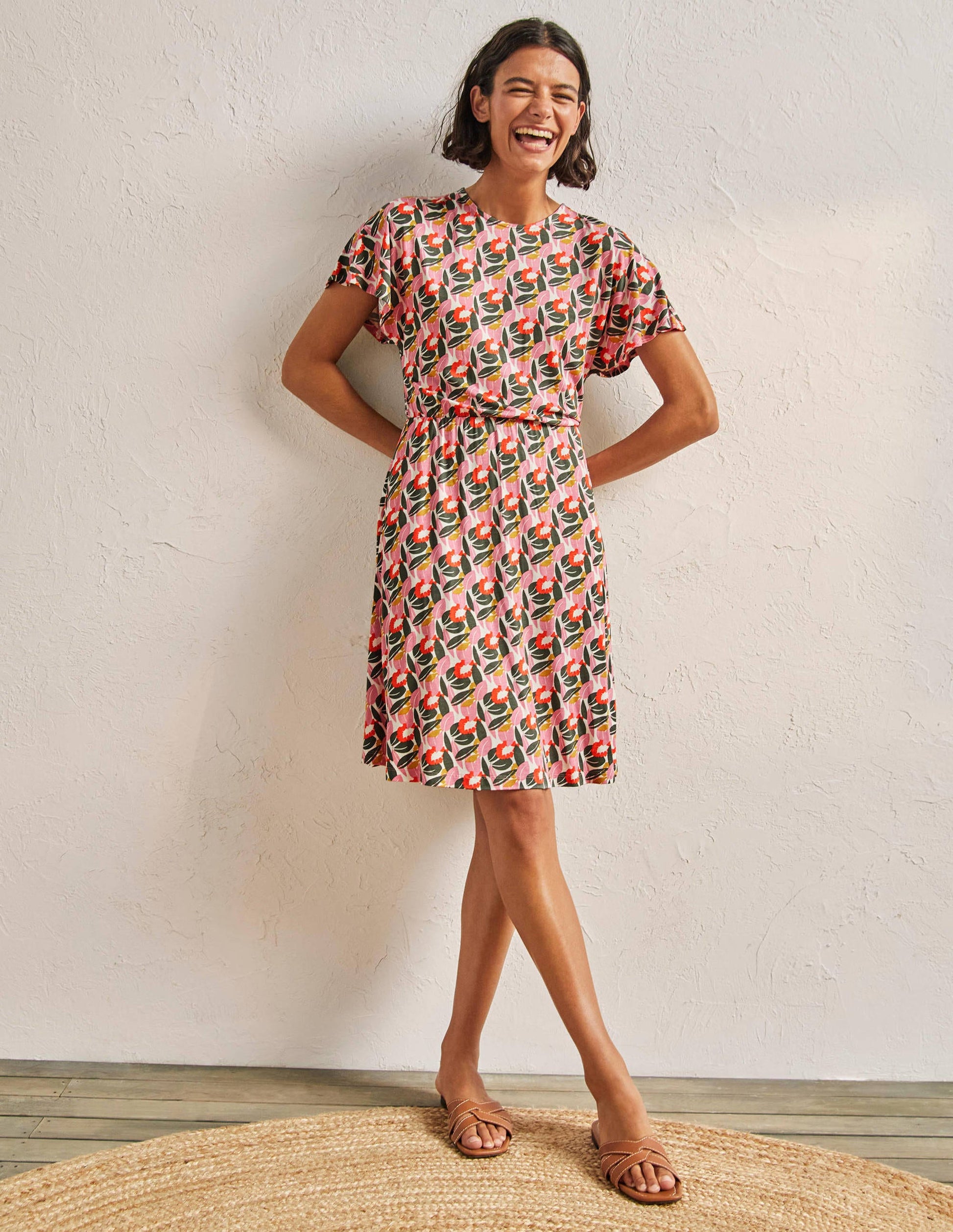 Flutter Sleeve Jersey Dress-Ivory, Abstract Bloom-4