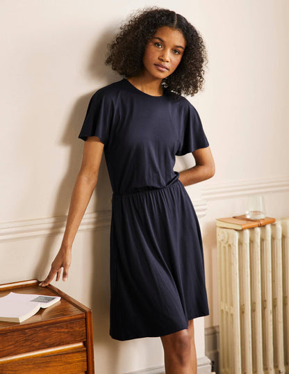 Flutter Sleeve Jersey Dress-Navy