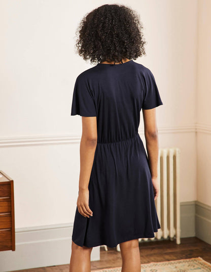 Flutter Sleeve Jersey Dress-Navy