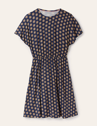 Jerseykleid mit Flatterärmeln-Französisches Navy, Gänseblümchenmuster