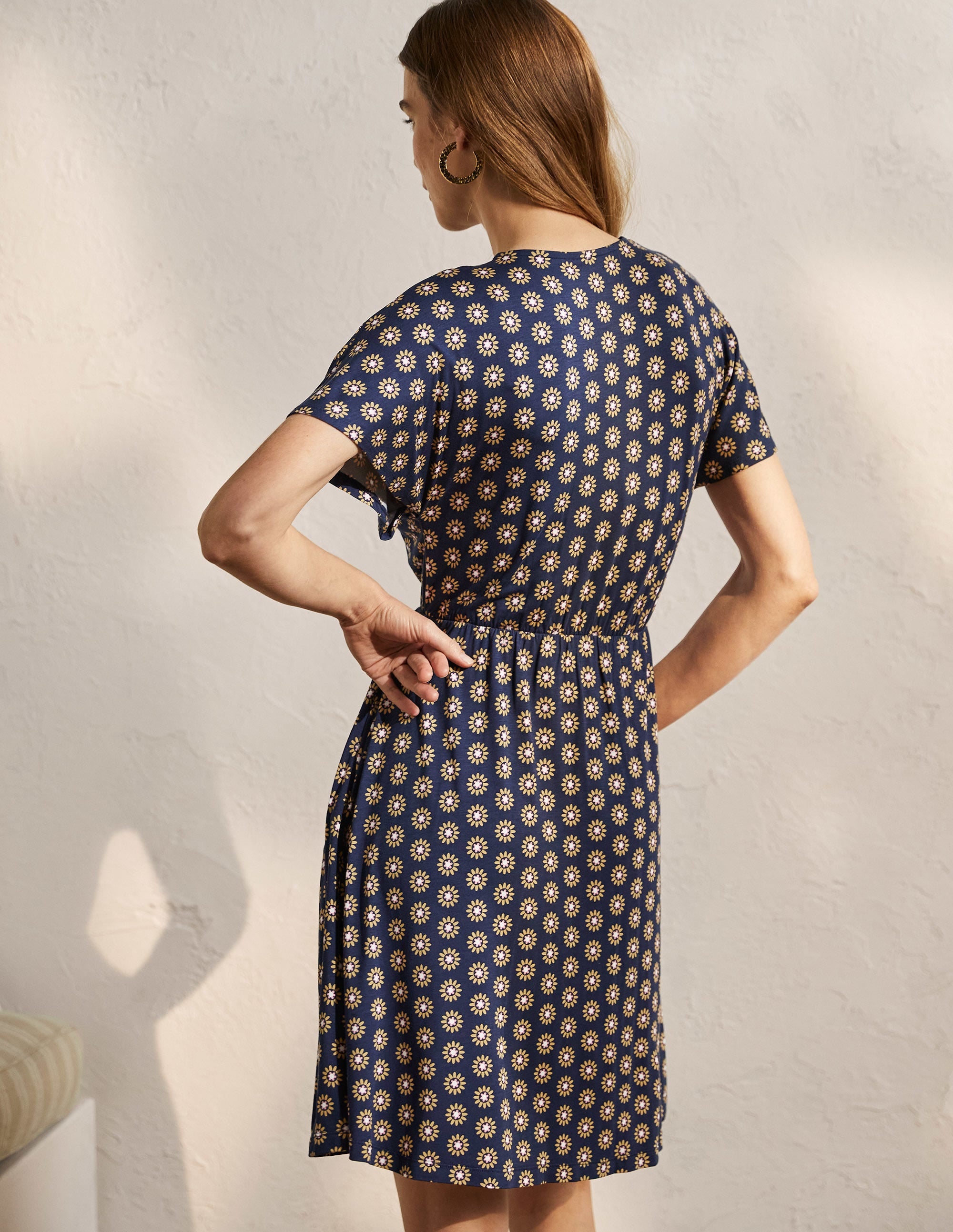 Flutter Sleeve Jersey Dress-French Navy, Daisy Stamp - Image 3