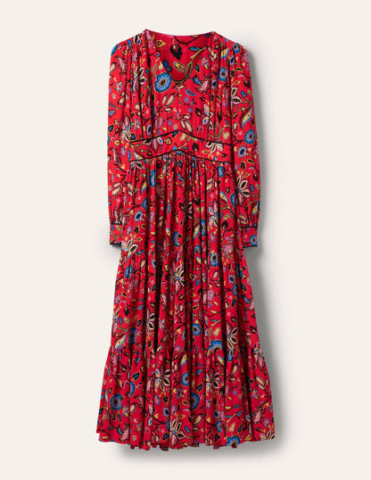 Robe midi volantée à col V-Rouge, motif Opulent Paradise