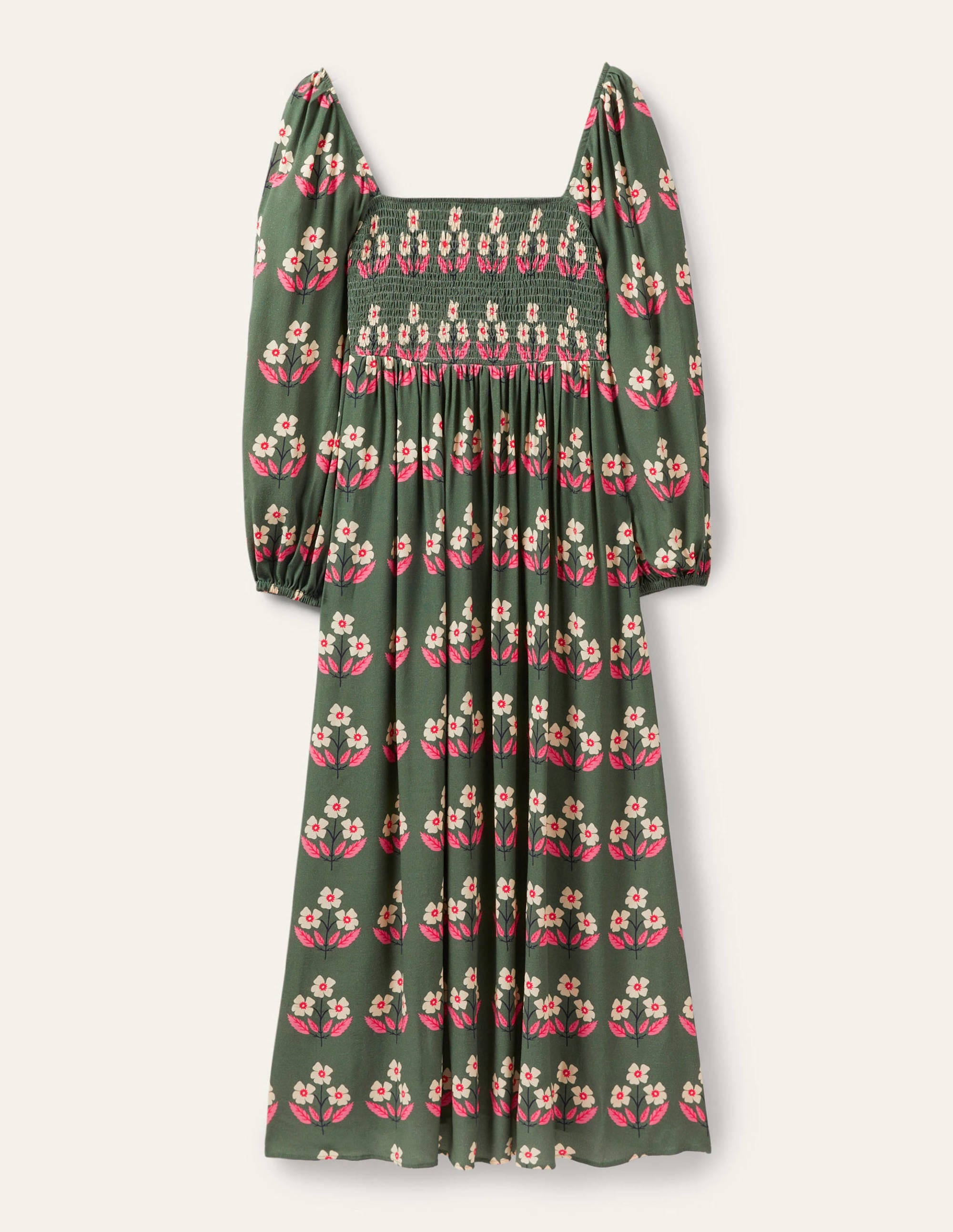 Robe longue à encolure carrée et smocks-Vert, motif Blossoming Bud - Image 5