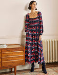 Square Neck Smocked Maxi Dress-French Navy, Blossoming Bud