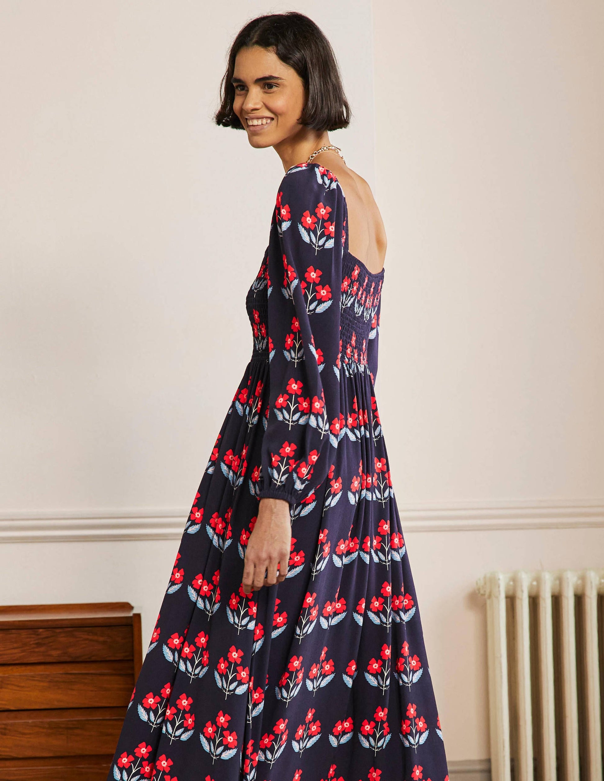 Square Neck Smocked Maxi Dress-French Navy, Blossoming Bud-3