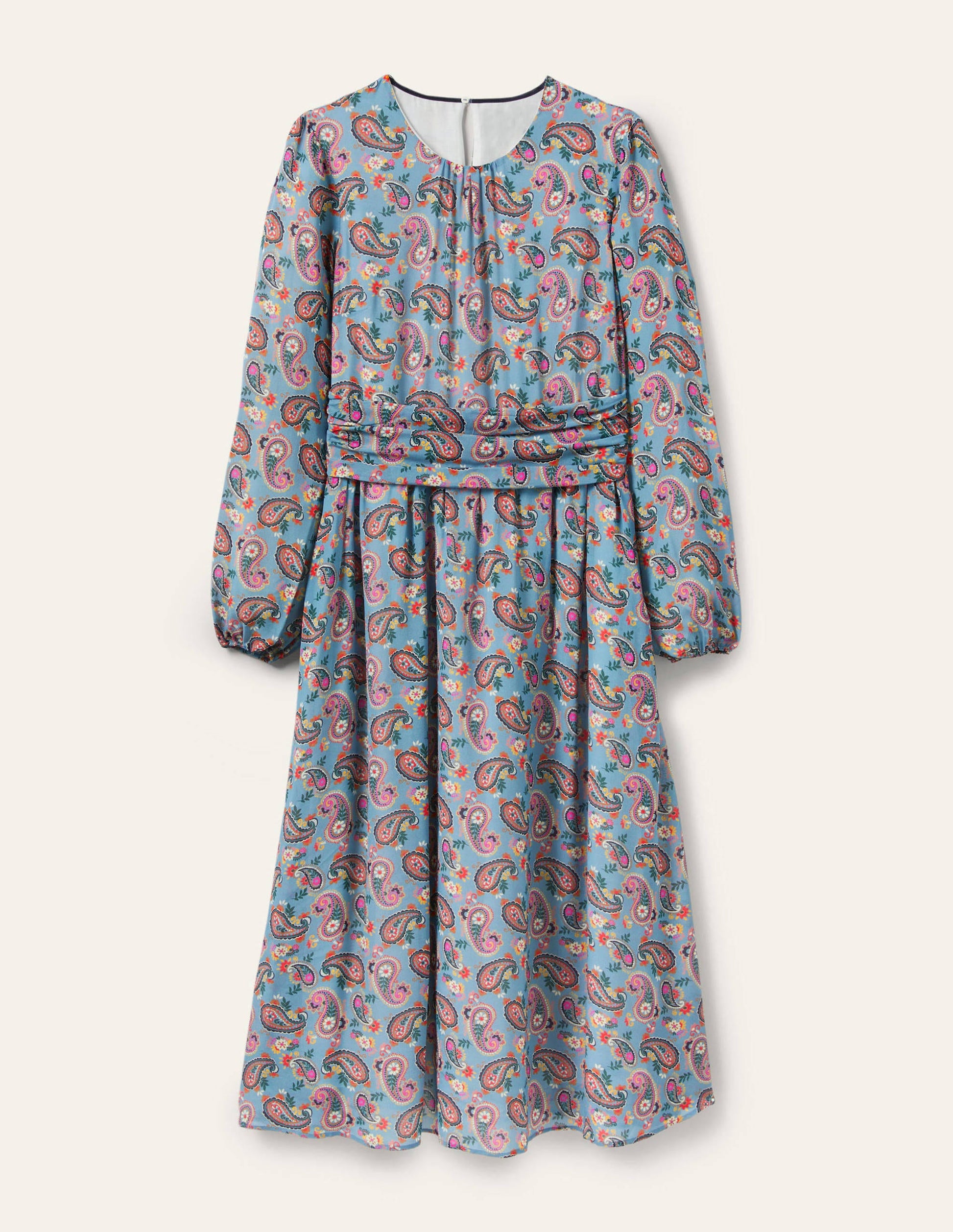 Midikleid mit geraffter Taille-Gedecktes Blau, Paisleymuster-5