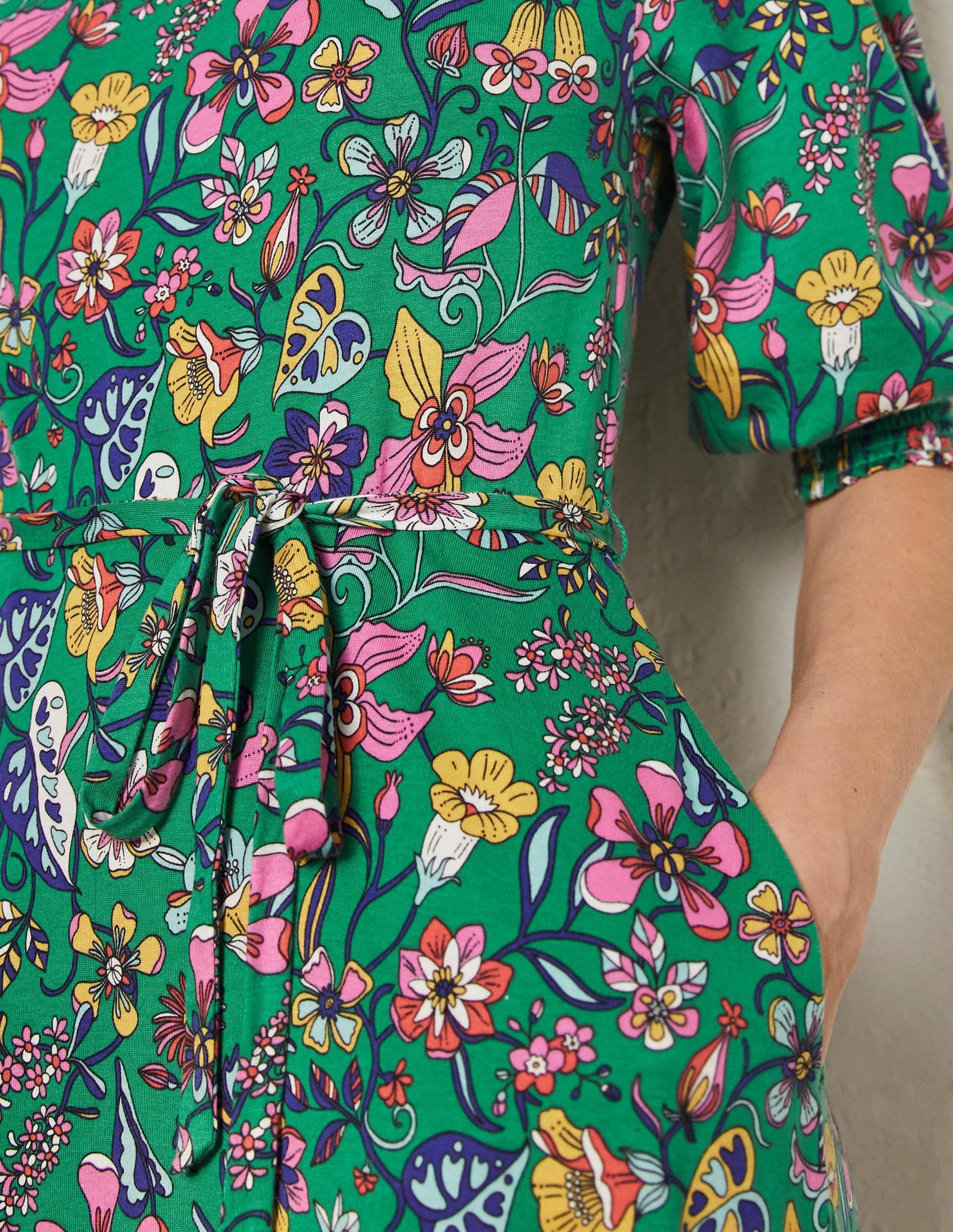 Jersey-Midikleid mit Smokausschnitt-Schottengrün, Blumenmuster - Image 2