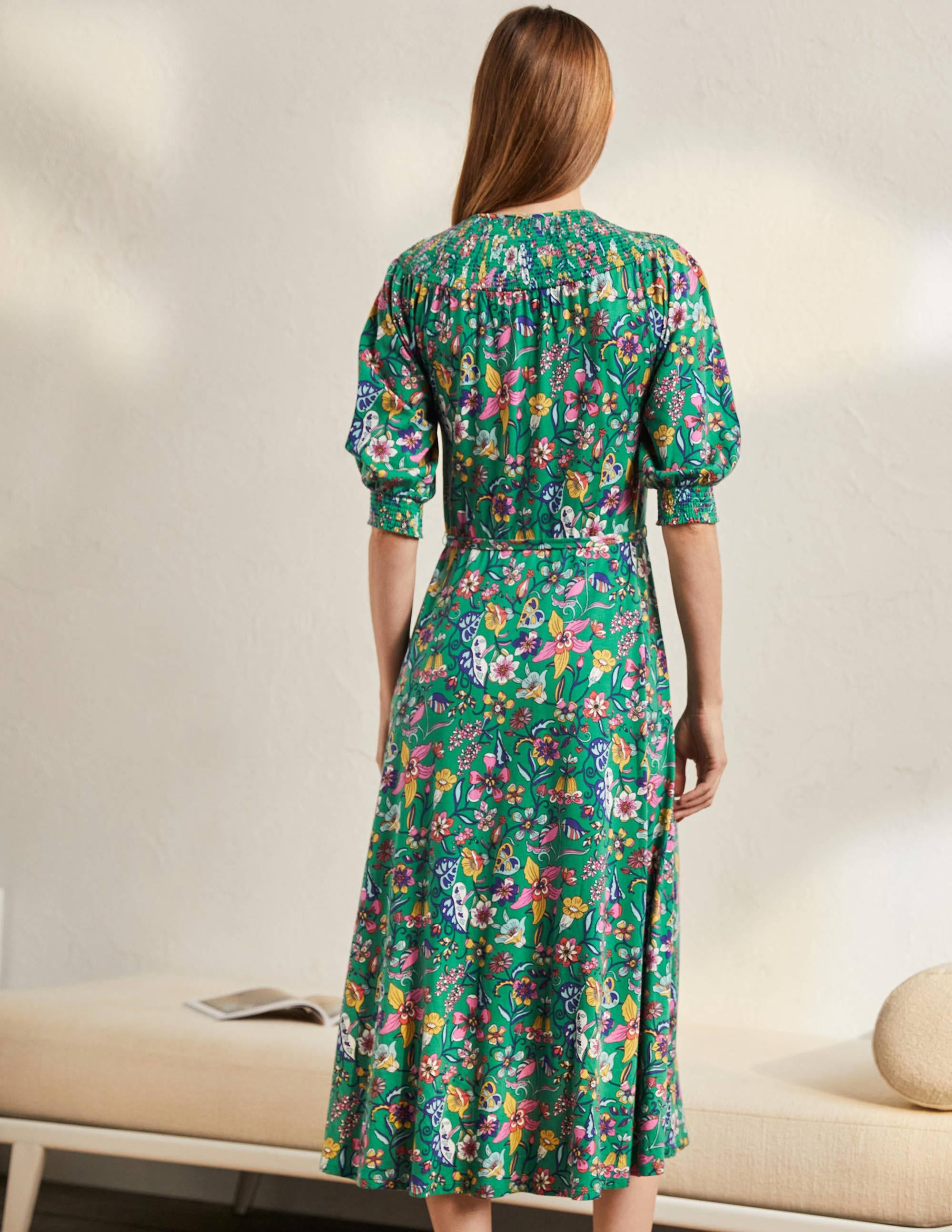 Jersey-Midikleid mit Smokausschnitt-Schottengrün, Blumenmuster - Image 3