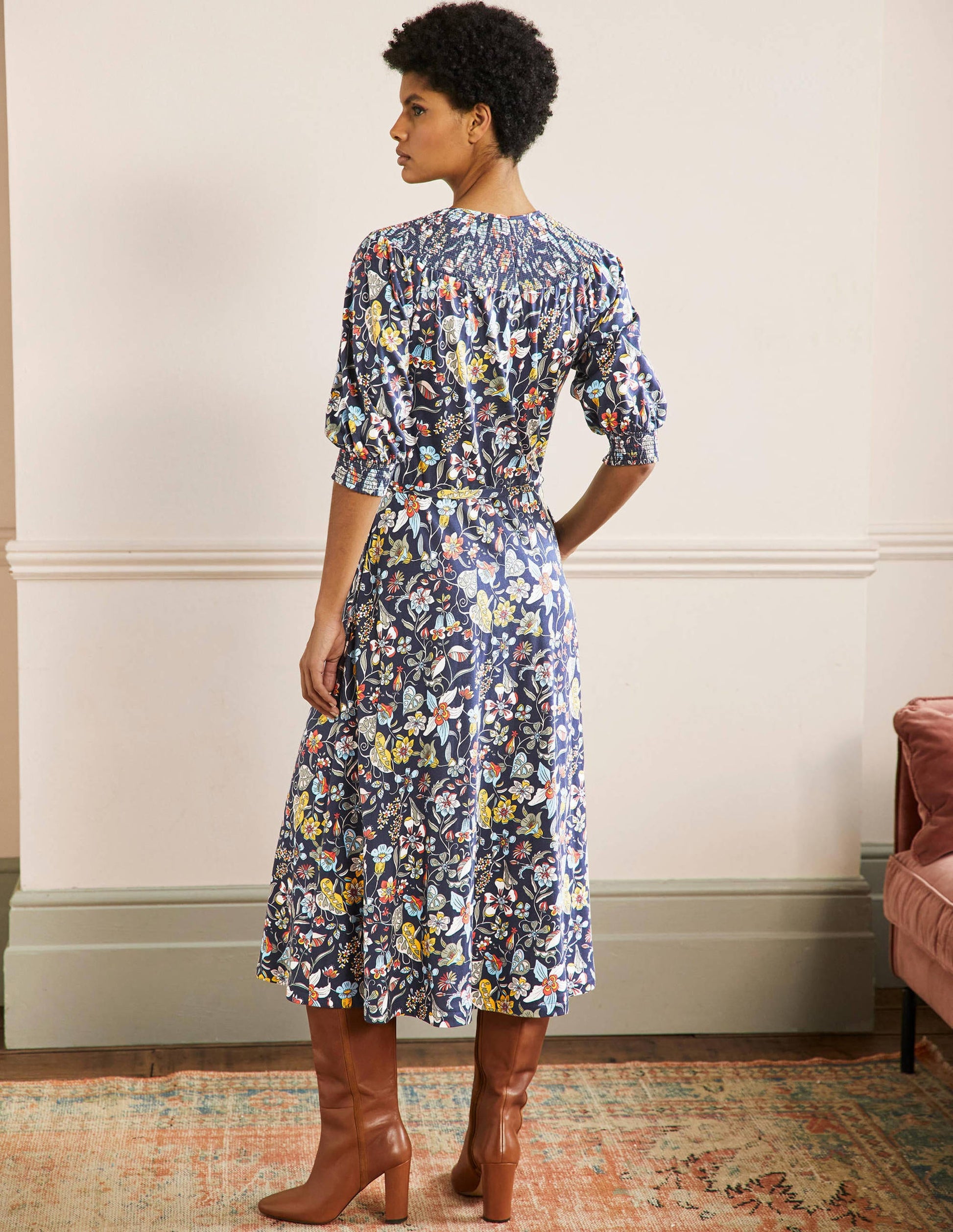 Jersey-Midikleid mit Smokausschnitt-Französisches Navy, Blumenmuster-3