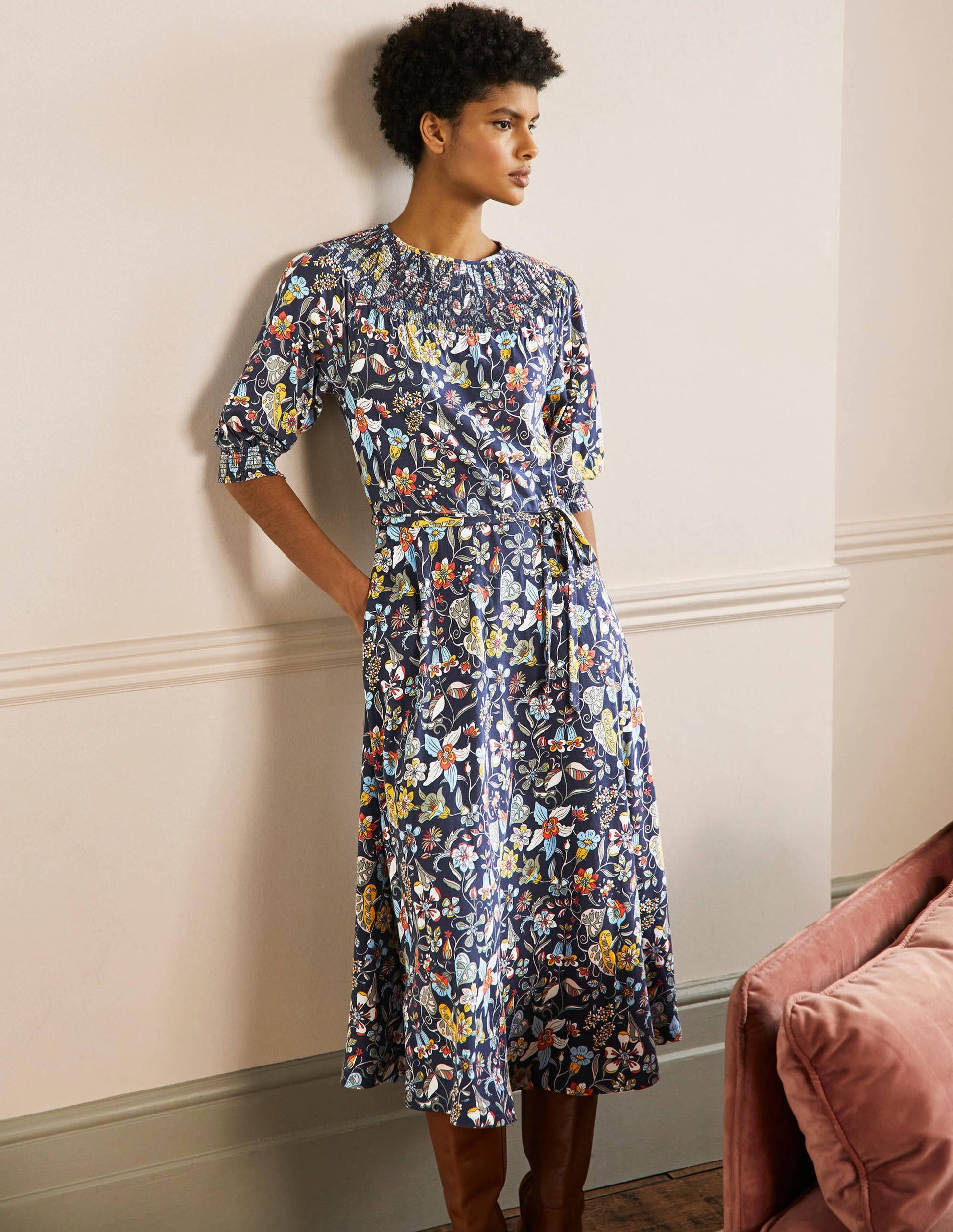 Jersey-Midikleid mit Smokausschnitt-Französisches Navy, Blumenmuster-4