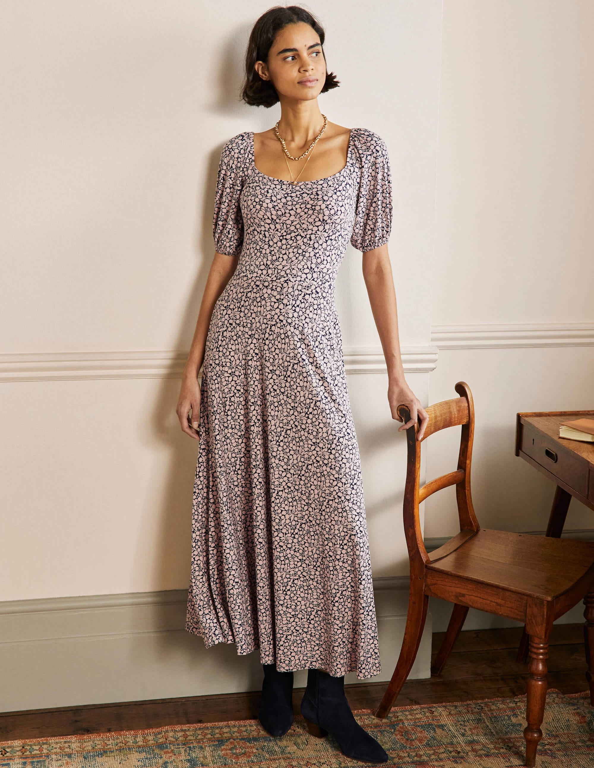 Square Neck Jersey Maxi Dress-Milkshake, Flora Sprig - Image 1