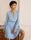 Smocked Jersey Shirt Dress-Dusty Blue, Cordate Leaf