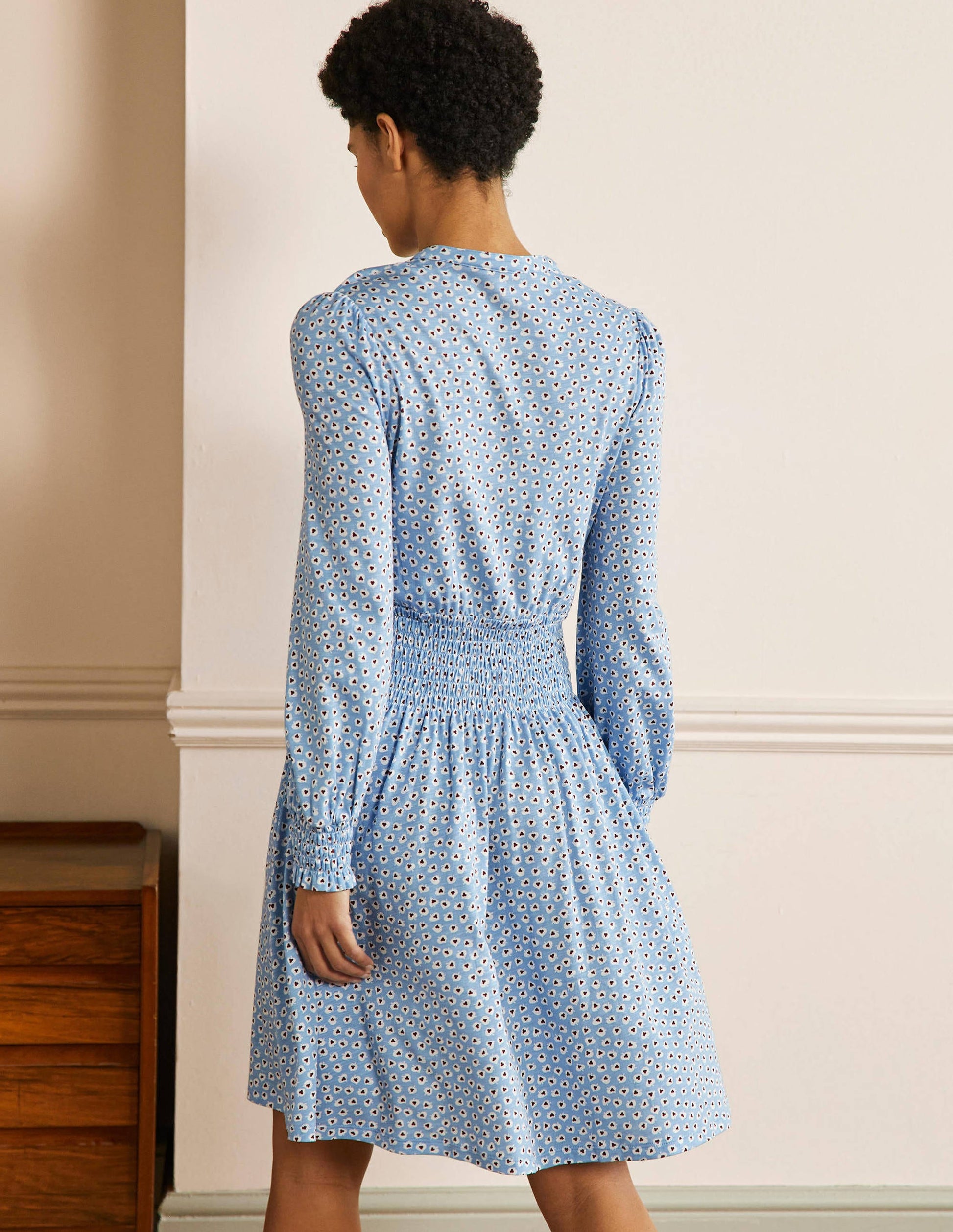 Smocked Jersey Shirt Dress-Dusty Blue, Cordate Leaf-3
