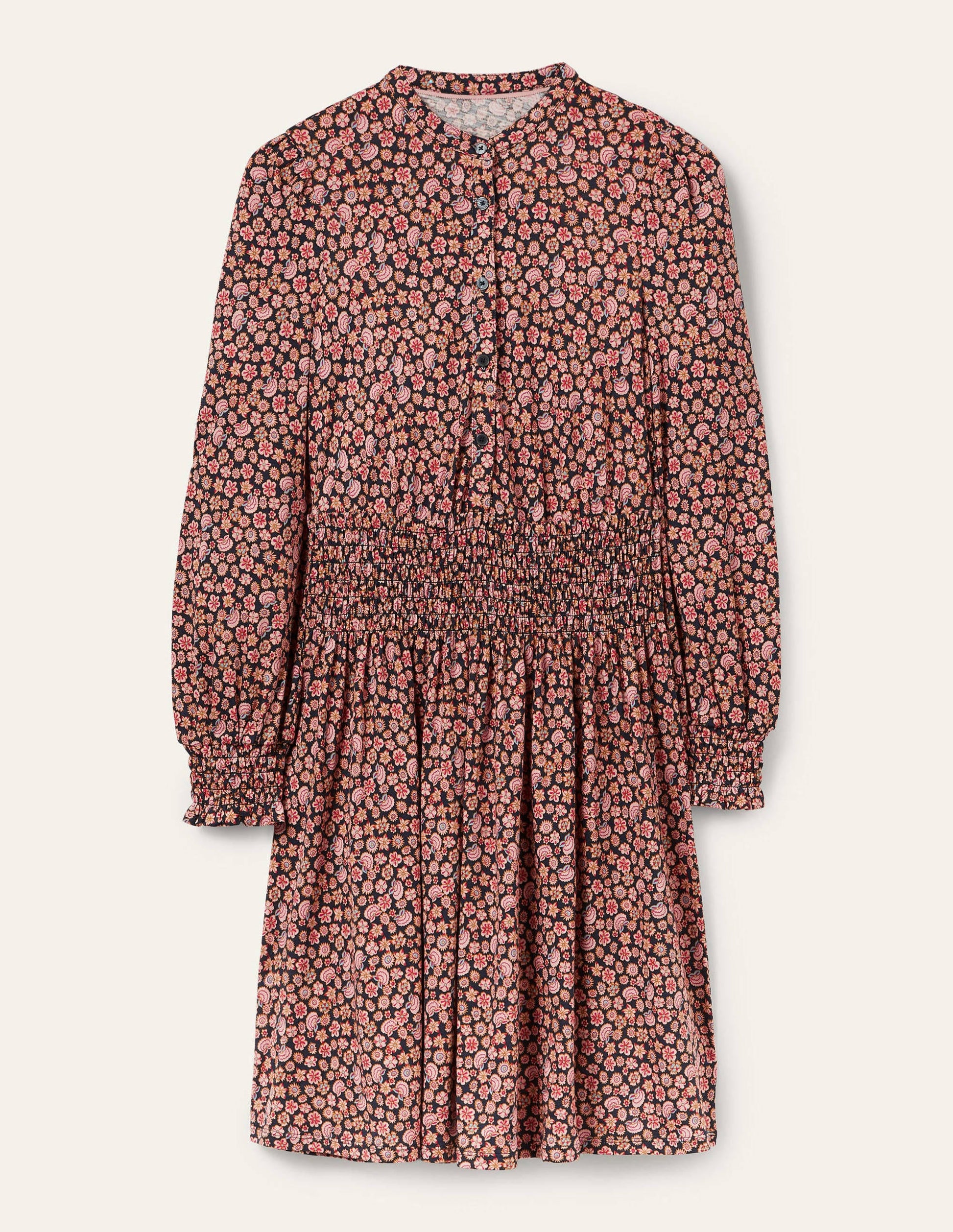 Robe-chemise à smocks en jersey-Bleu marine foncé, rose blush botanique-6