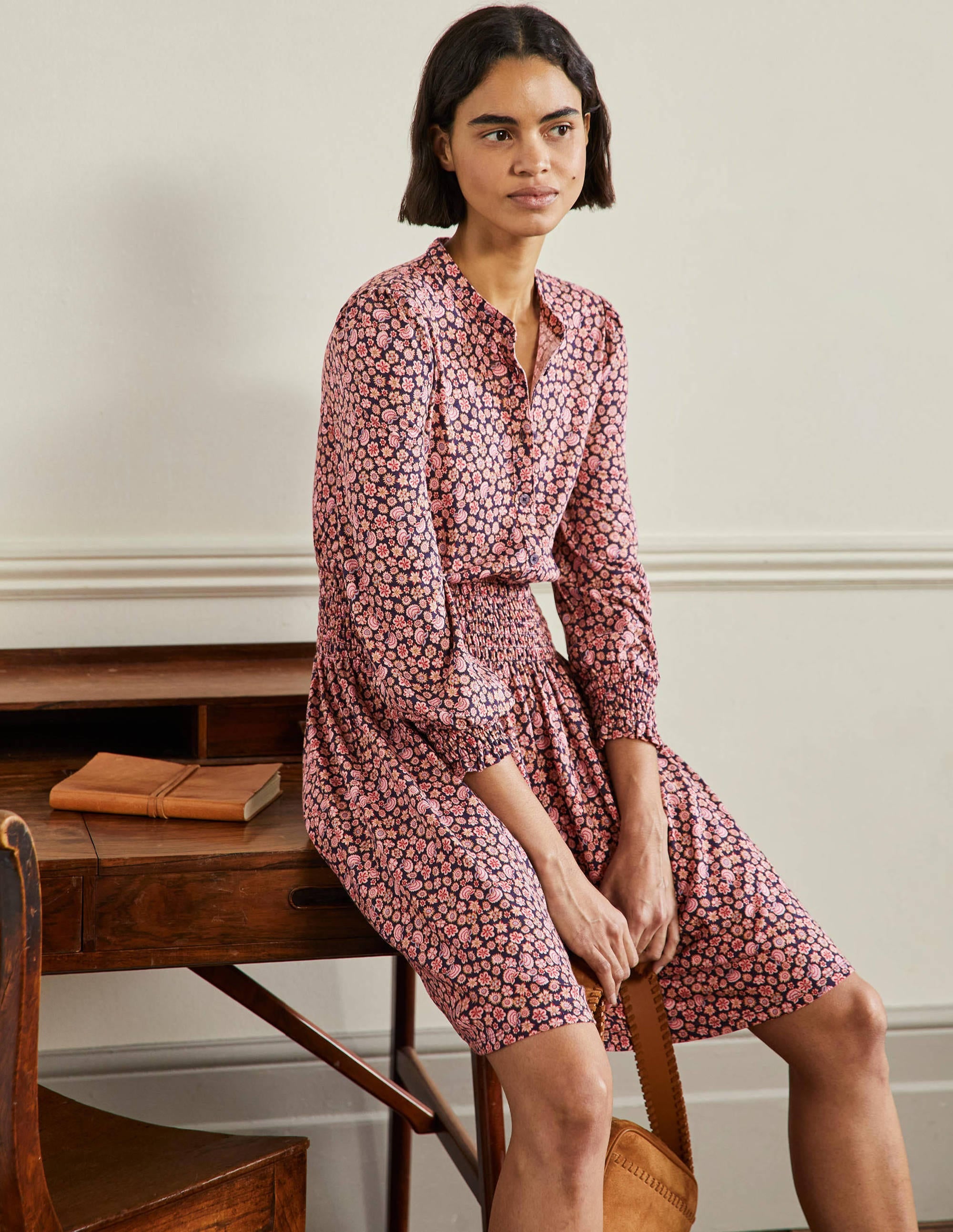 Robe-chemise à smocks en jersey-Bleu marine foncé, rose blush botanique - Image 3
