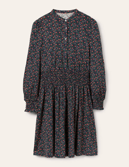 Jerseyhemdblusenkleid mit Smokdetail-Französisches Navy, Blüten/Beeren-6