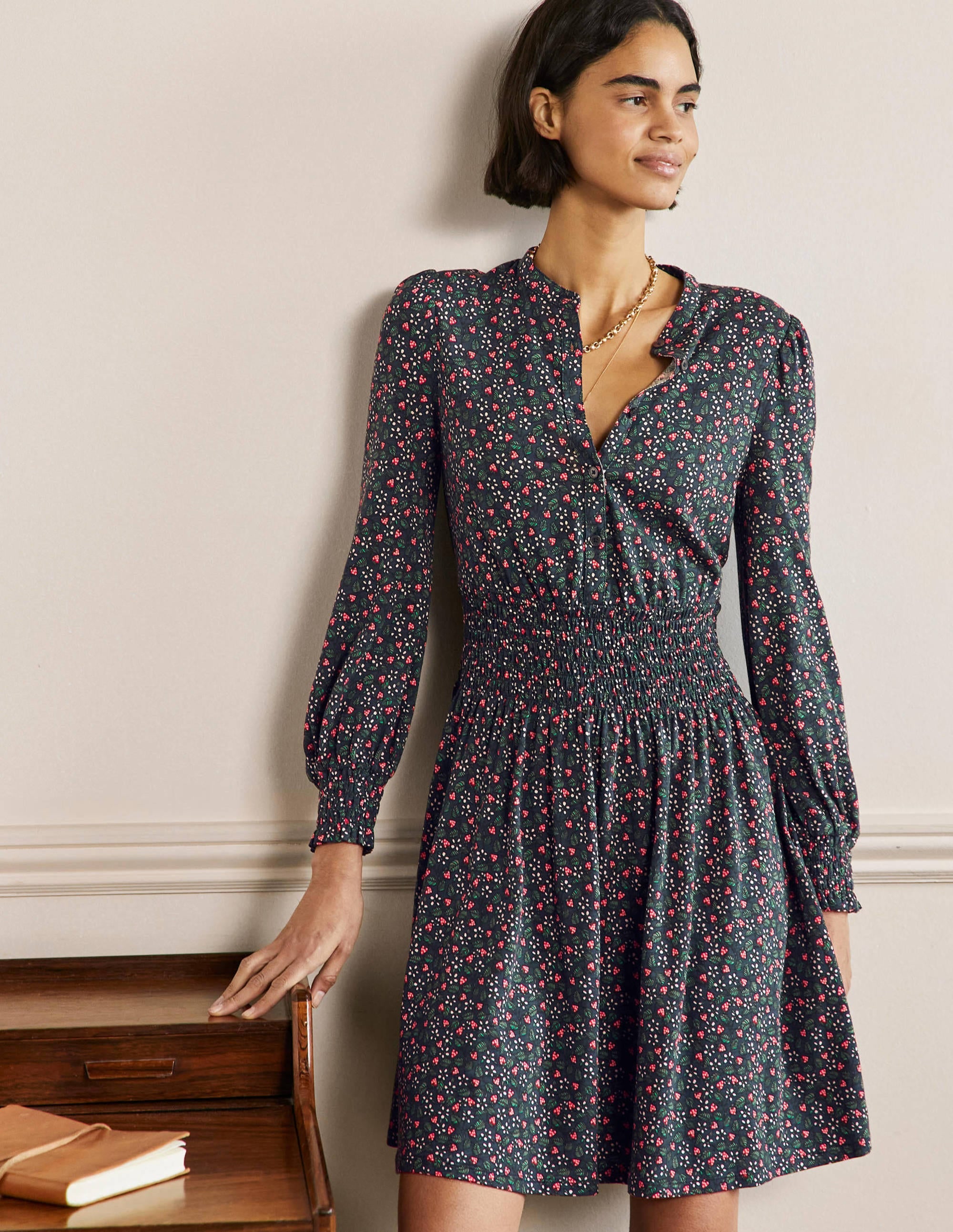 Smocked Jersey Shirt Dress-French Navy, Flora Berry - Image 1