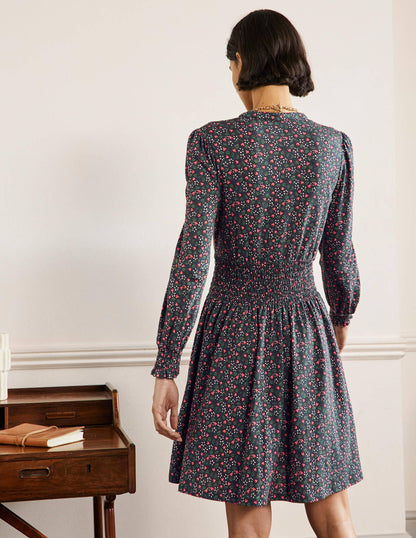 Jerseyhemdblusenkleid mit Smokdetail-Französisches Navy, Blüten/Beeren-3