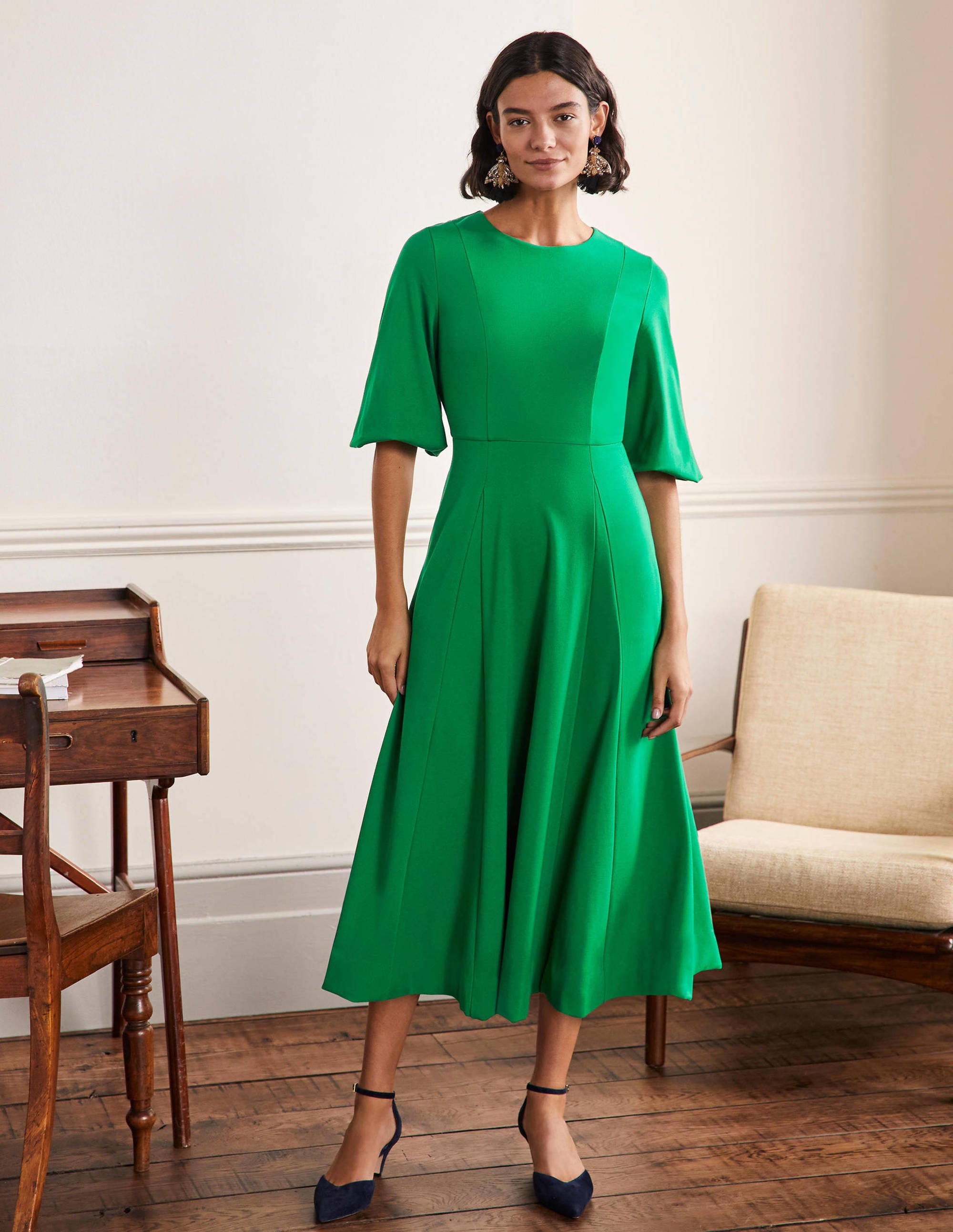 Robe midi en jersey avec jupe corolle-Vert des Highlands - Image 1