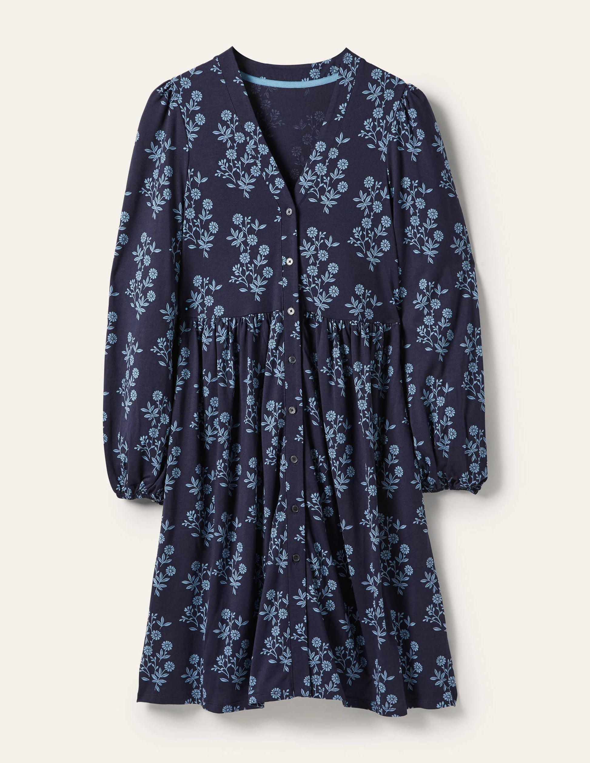 Jerseykleid mit durchgängiger Knopfleiste-Französisches Navy, Gruppierte Blätter-5