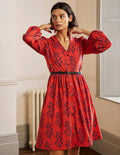 Button Through Jersey Dress-Red, Leafy Cluster