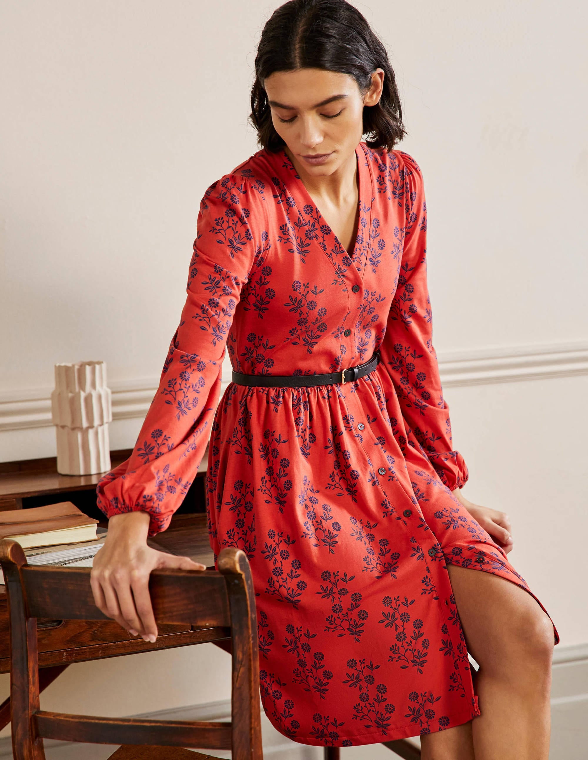 Button Through Jersey Dress-Red, Leafy Cluster - Image 5