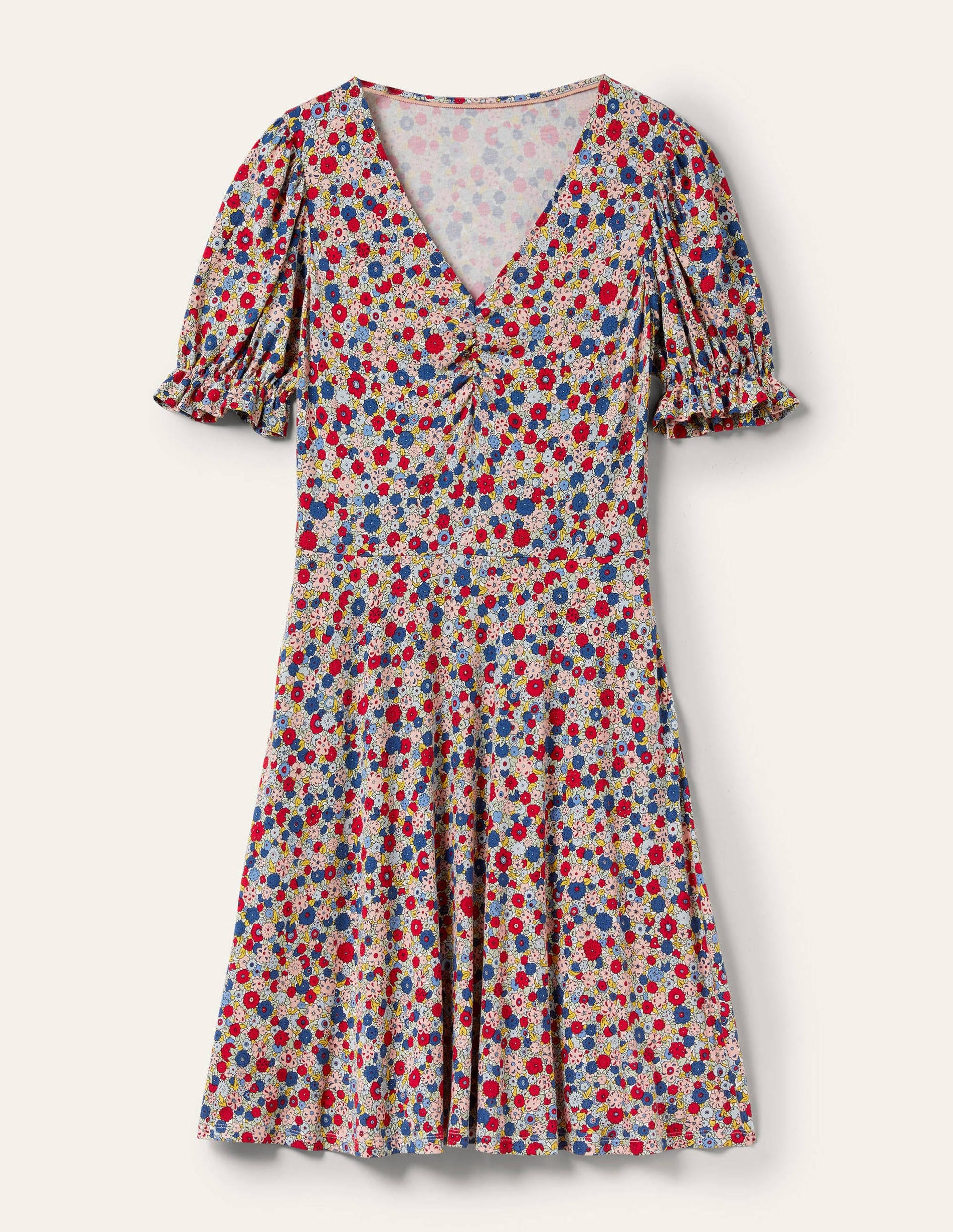 Jerseykleid mit V-Ausschnitt-Rivierablau, Gruppierte Blumen-5