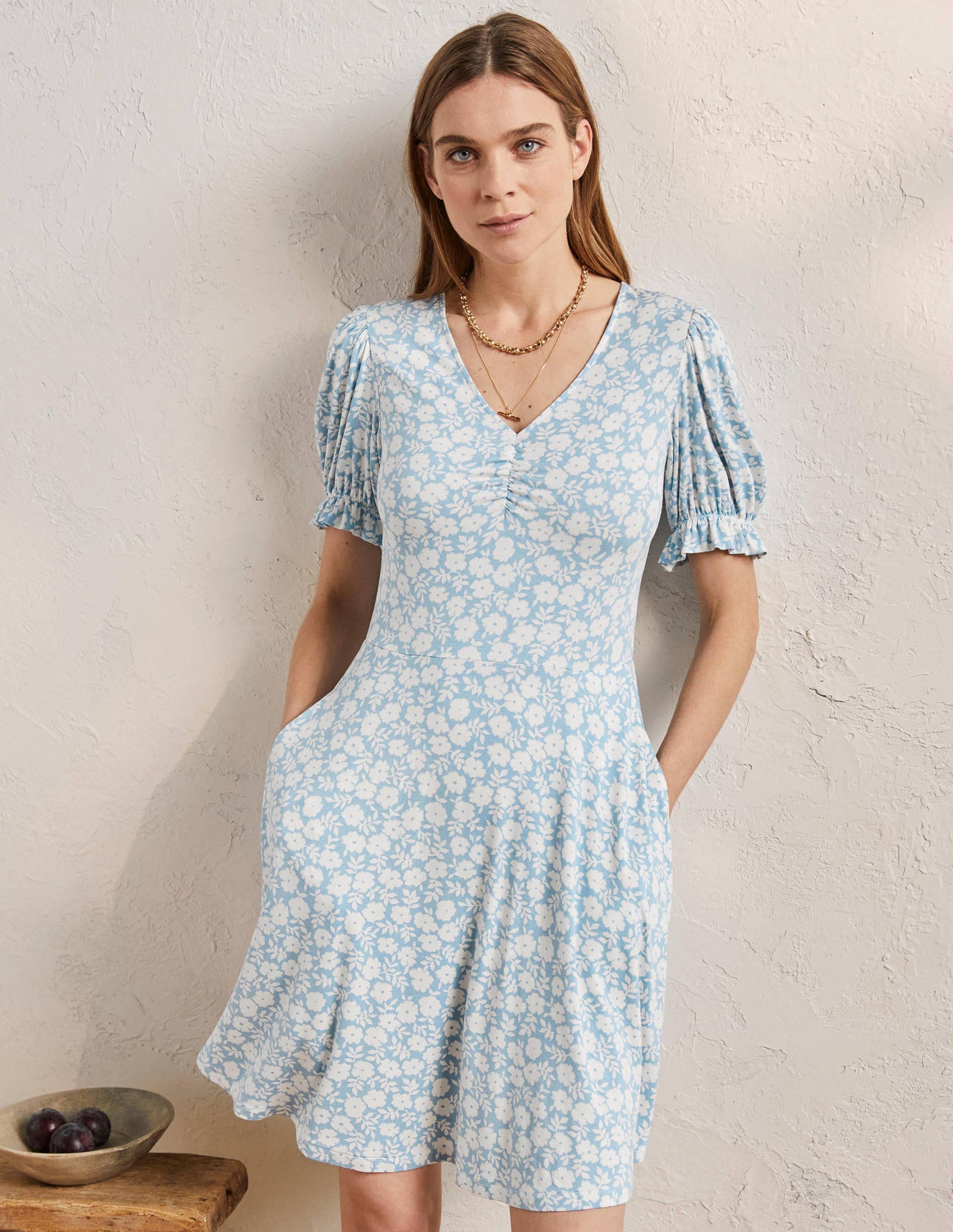 V-Neck Jersey Dress-Dusty Blue, Ditsy Prairie-1