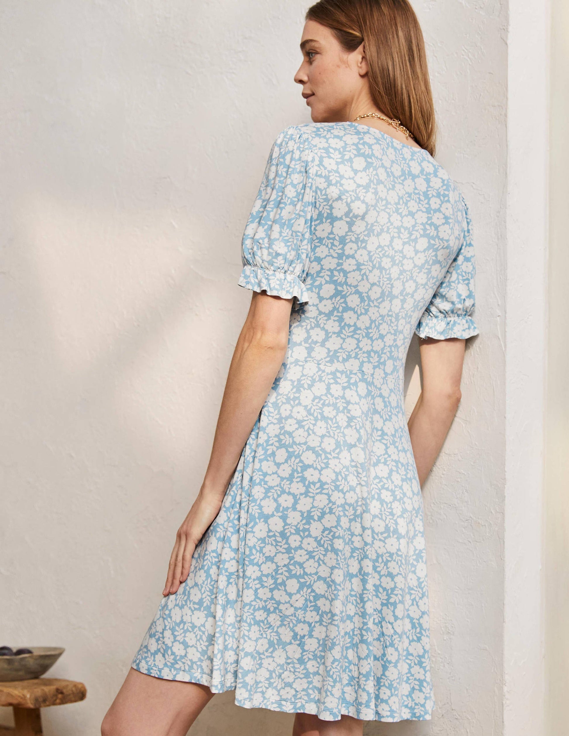 V-Neck Jersey Dress-Dusty Blue, Ditsy Prairie-3