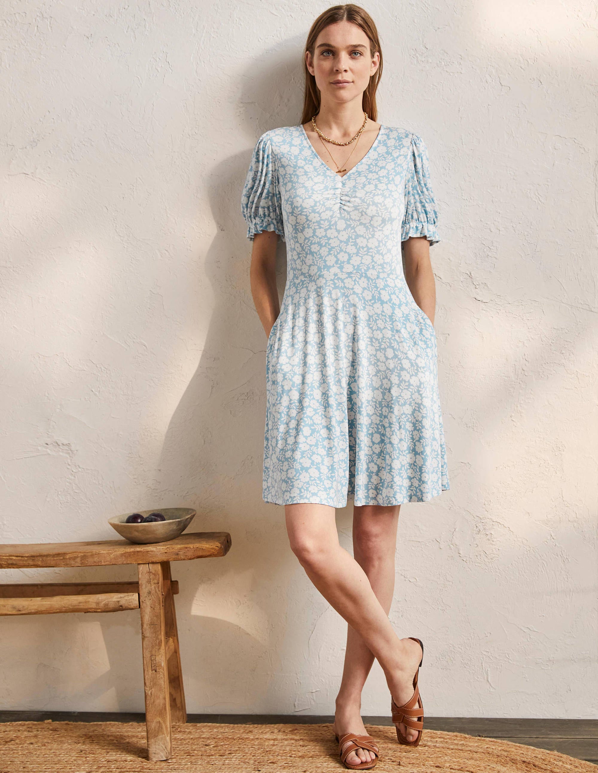 V-Neck Jersey Dress-Dusty Blue, Ditsy Prairie - Image 4