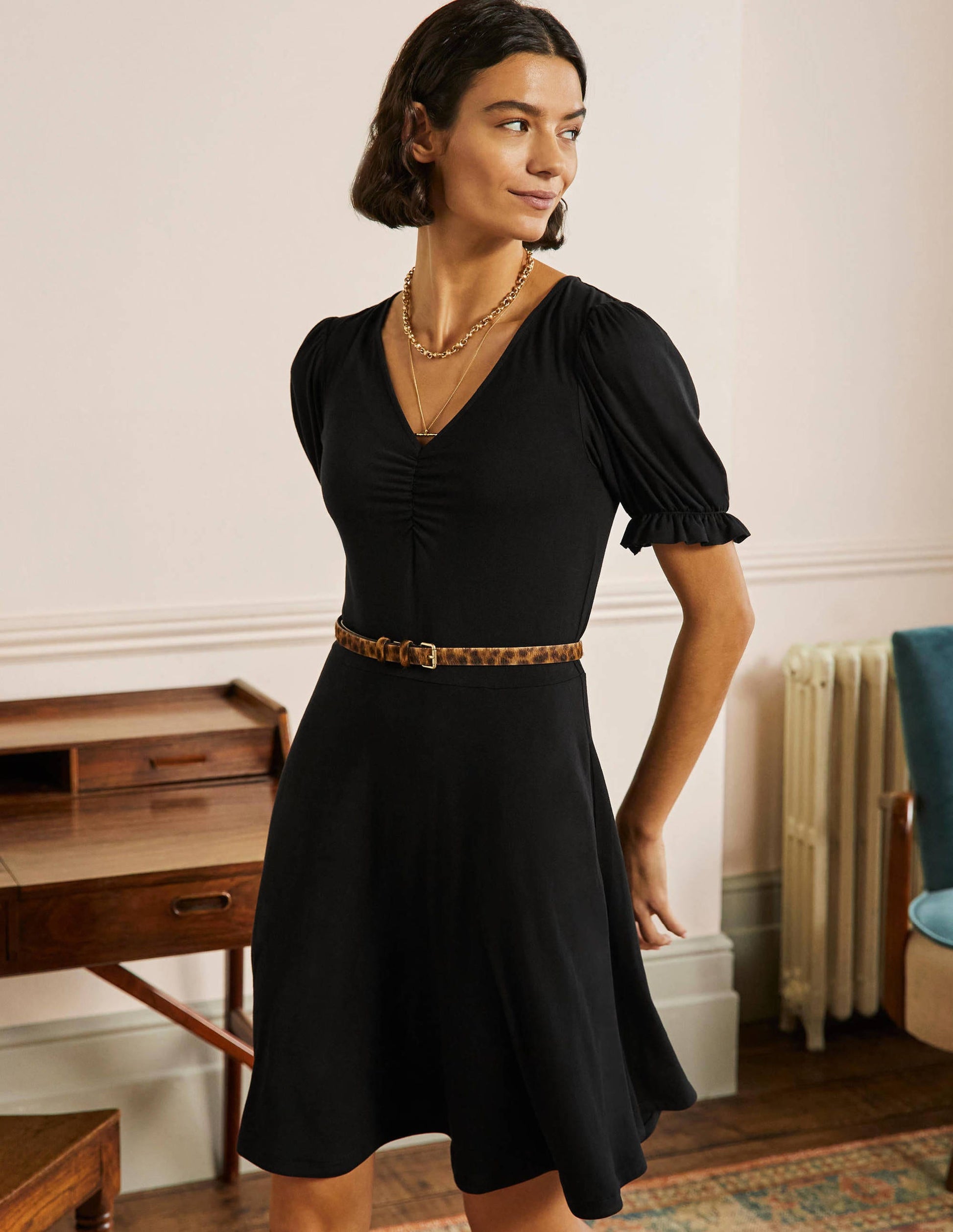 Robe col V en jersey-Noir-1