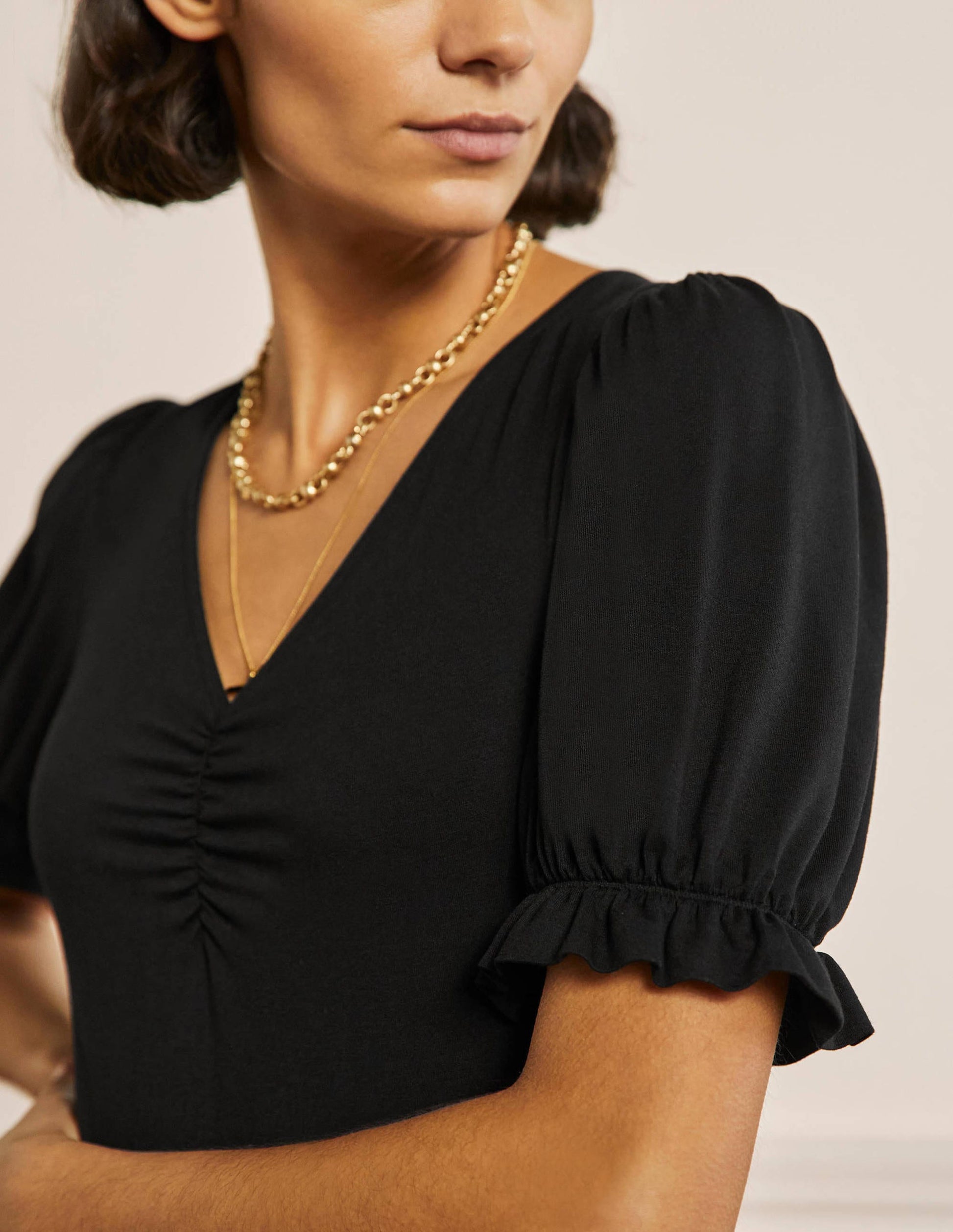 Robe col V en jersey-Noir-2