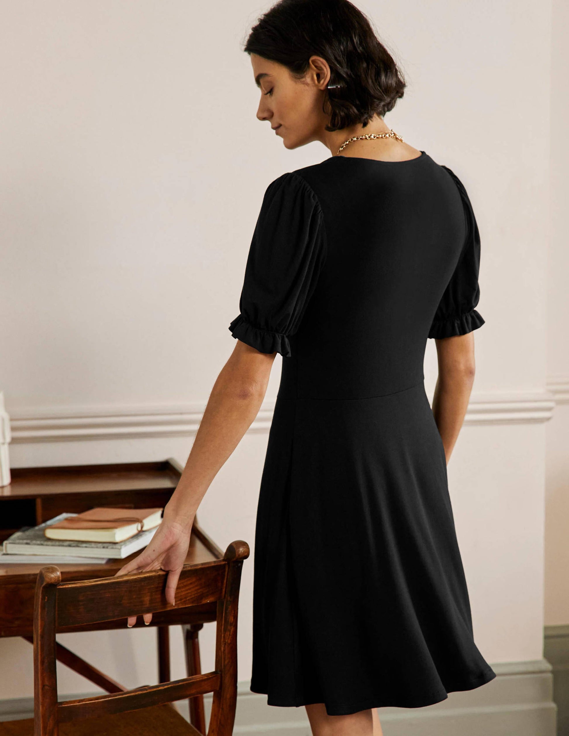 Robe col V en jersey-Noir-3
