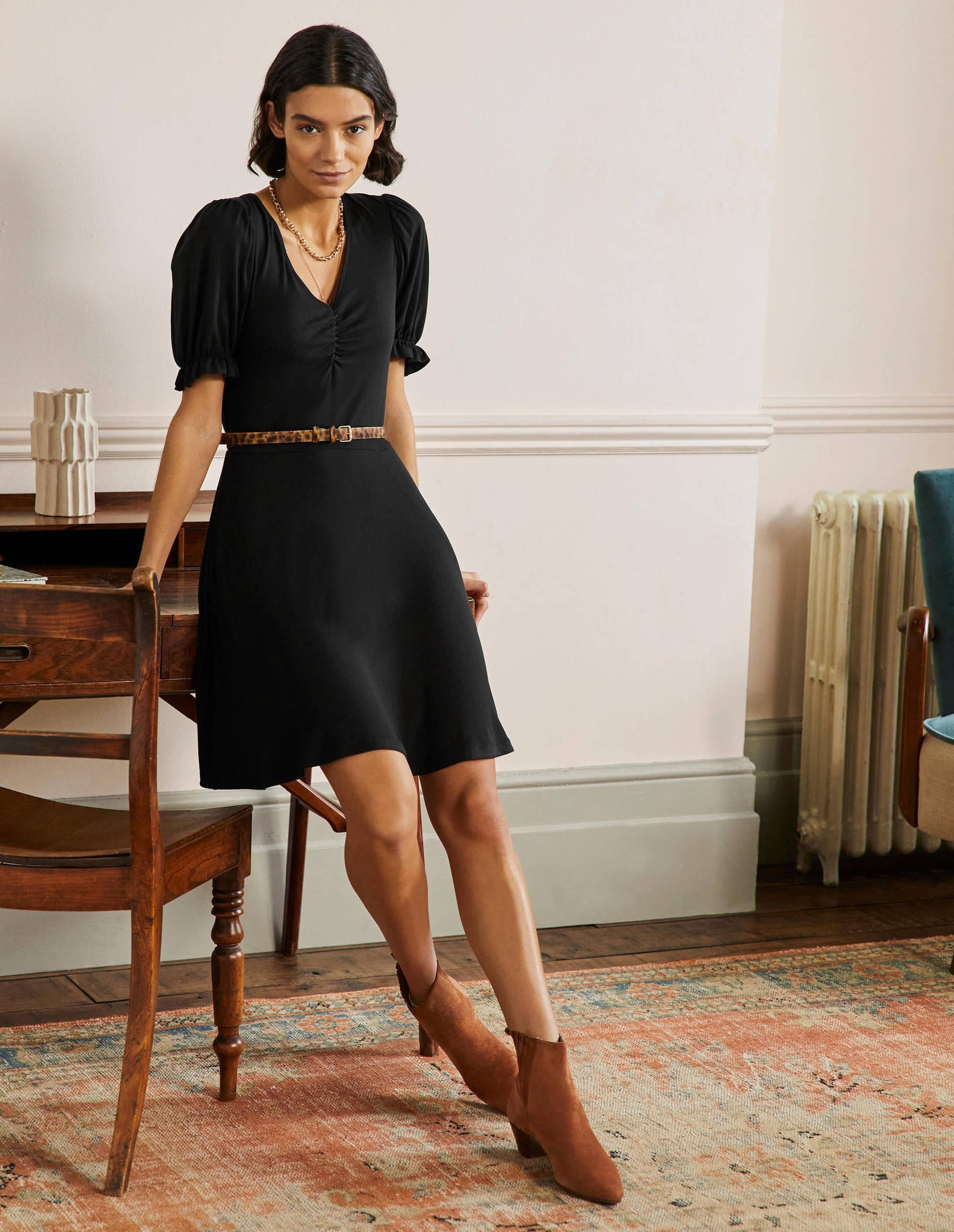 Robe col V en jersey-Noir-4
